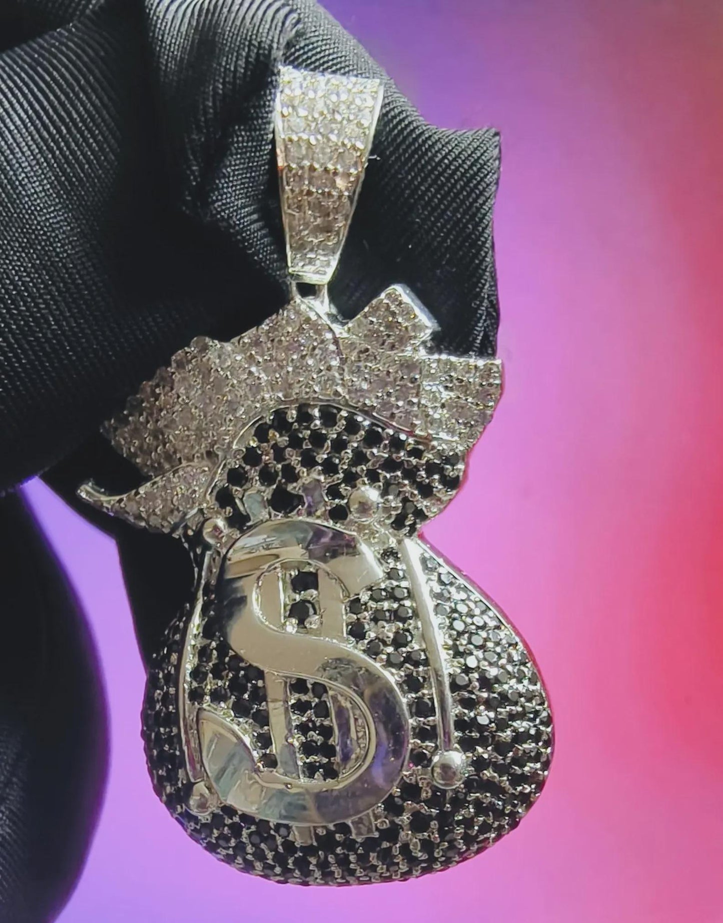 3Ct Round Cut Simulated White Diamond, Black Spinel Dollar Money Bag Pendant 14K White Gold Plated 925 Silver, Hip Hop Pendant
