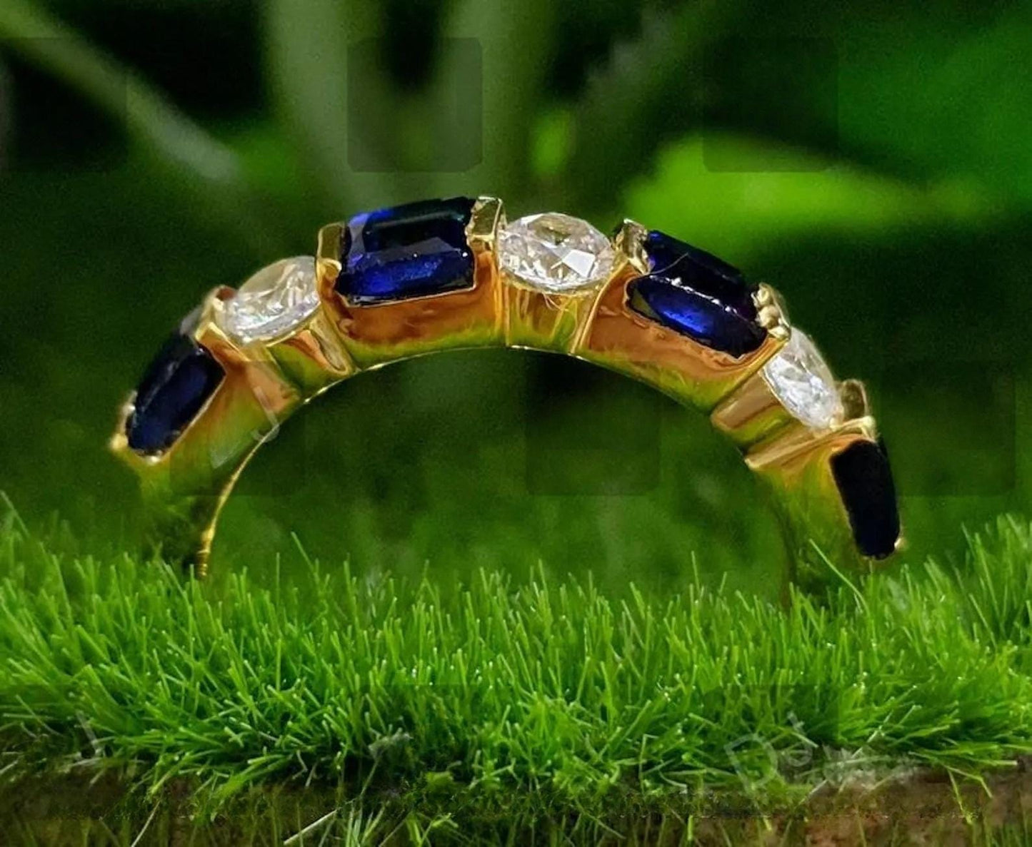 2Ct Round Cut Simulated Diamond & Princess Cut Sapphire Engagement Anniversary Band Ring 14K Yellow Gold Finish, Birthday Gift, Ring For Her