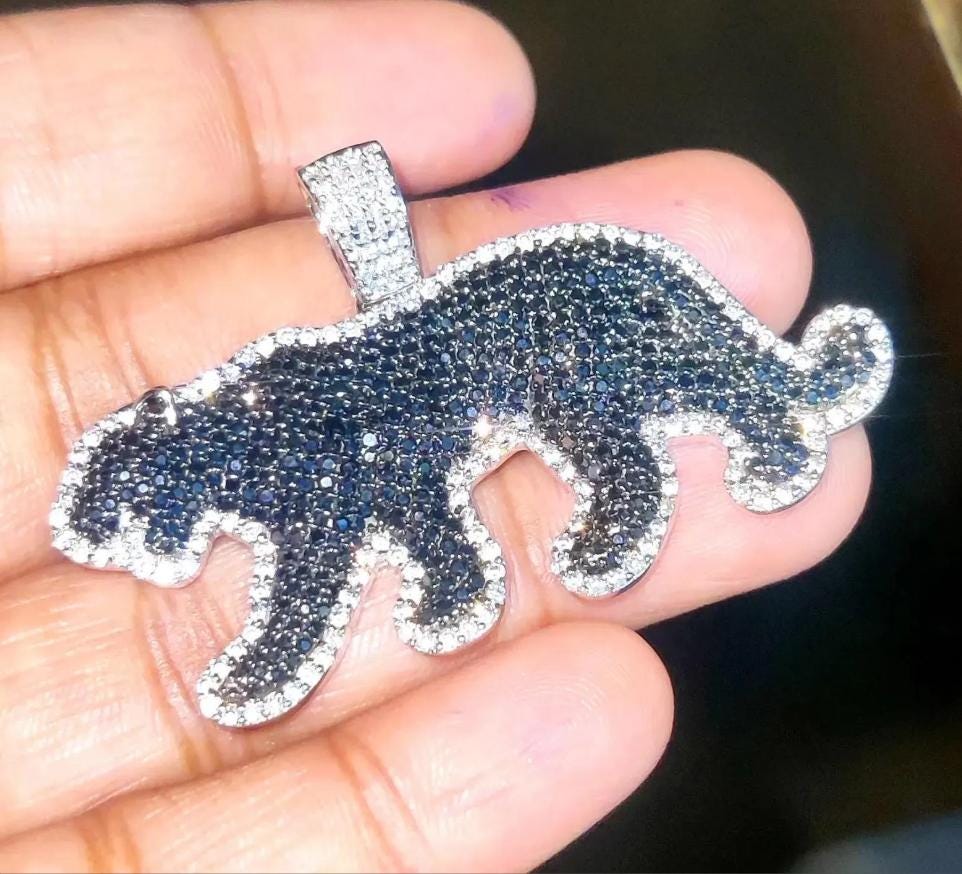 3Ct Round Cut Simulated Black Diamond Panther Pendant 14K White Gold Plated Black - 925 Silver