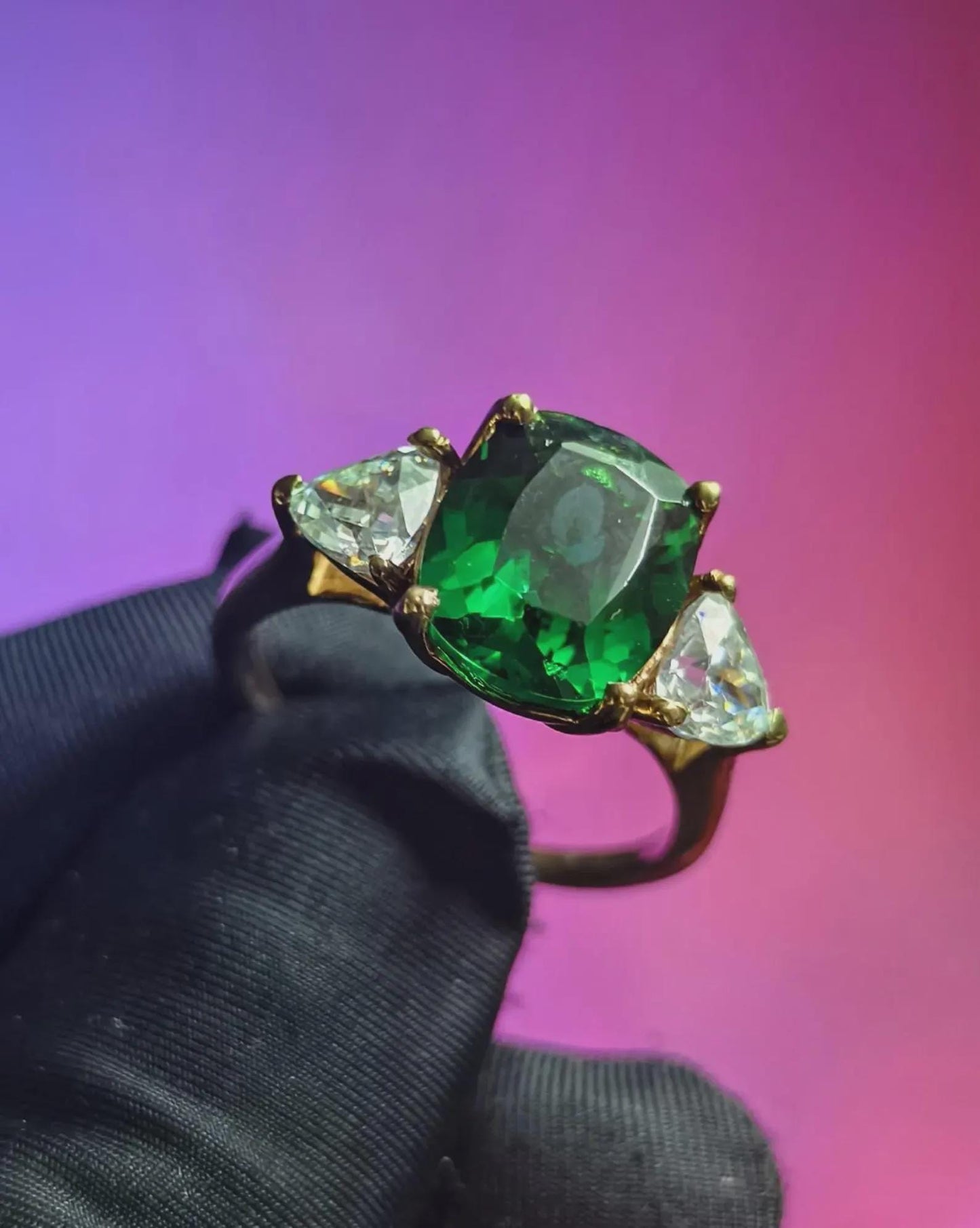 Three Stone Cushion Cut Simulated Green Emerald Diamond 14K Yellow Gold Plated 925 Sterling Silver, Anniversary Ring, Wedding Solitaire Ring