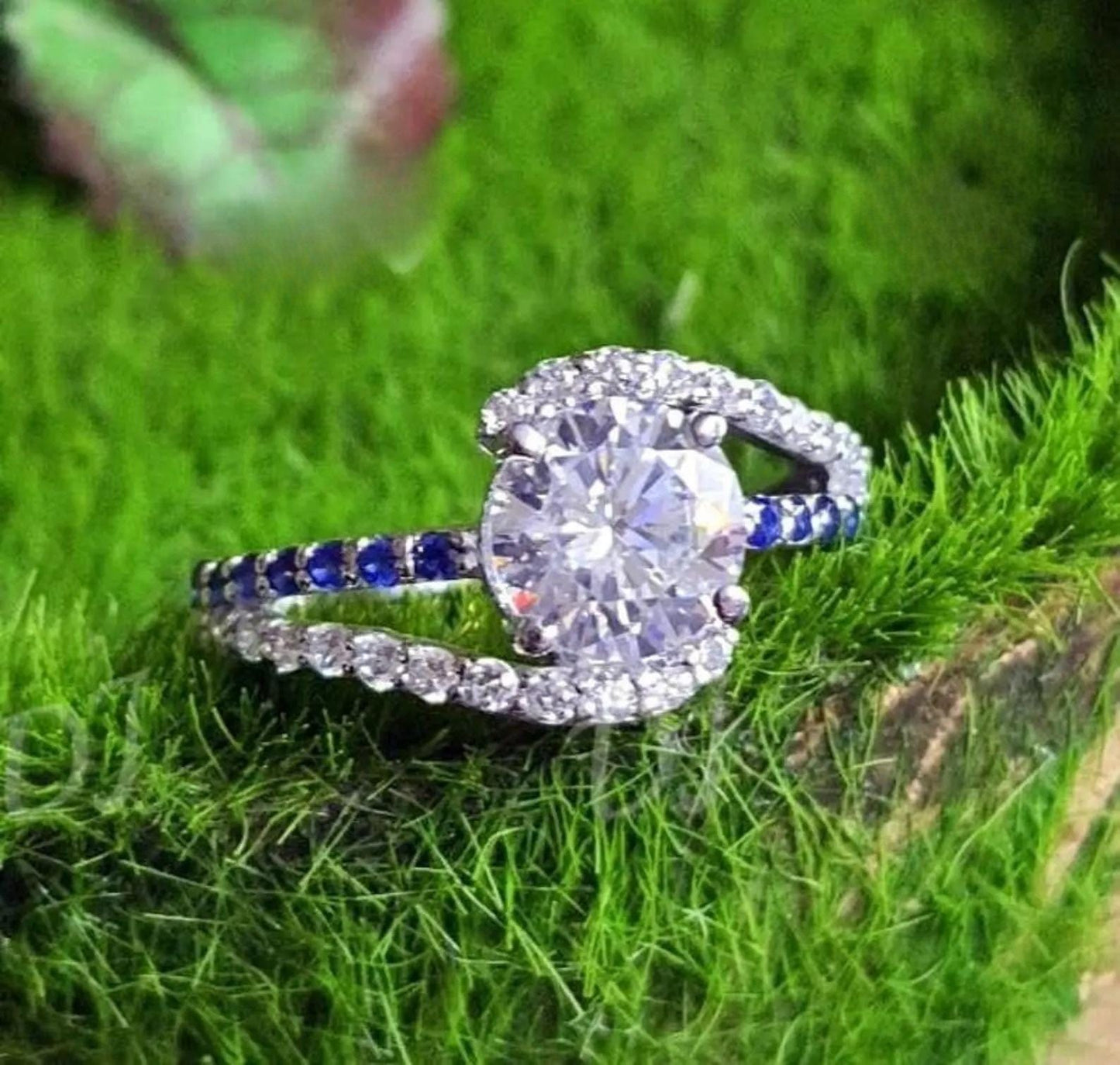 2Ct Round Cut Simulated White Diamond and Sapphire Wedding Women Engagement Anniversary Ring 14k White Gold Plated- 925 Silver, Gift for Her