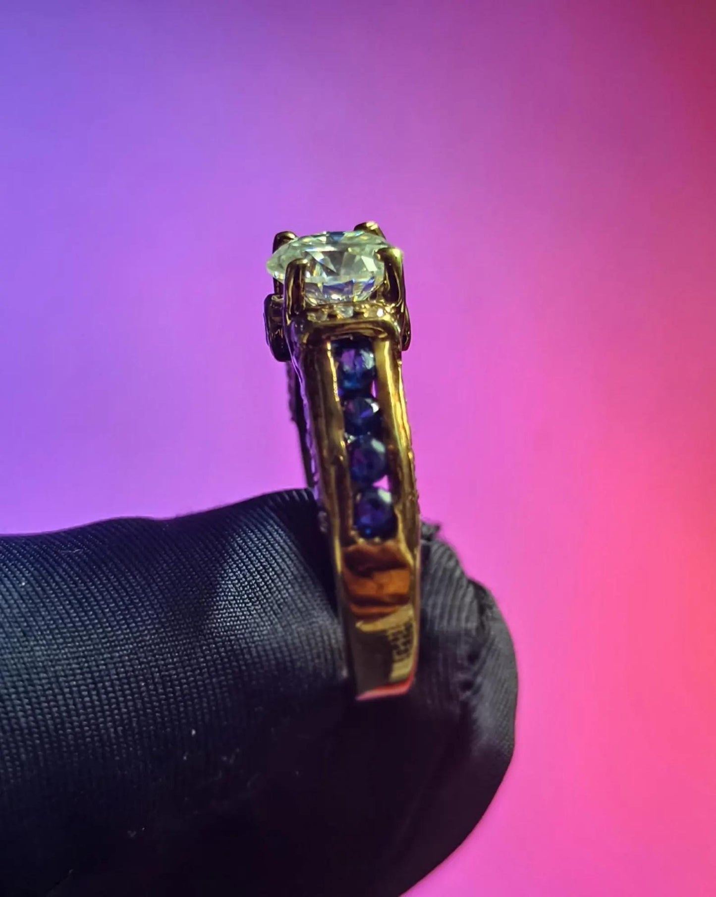 Round Cut Simulated Diamond & Blue Tanzanite Solitaire Engagement Ring  14K Yellow Gold Plated, Silver, Anniversary Ring, Wedding Band Ring