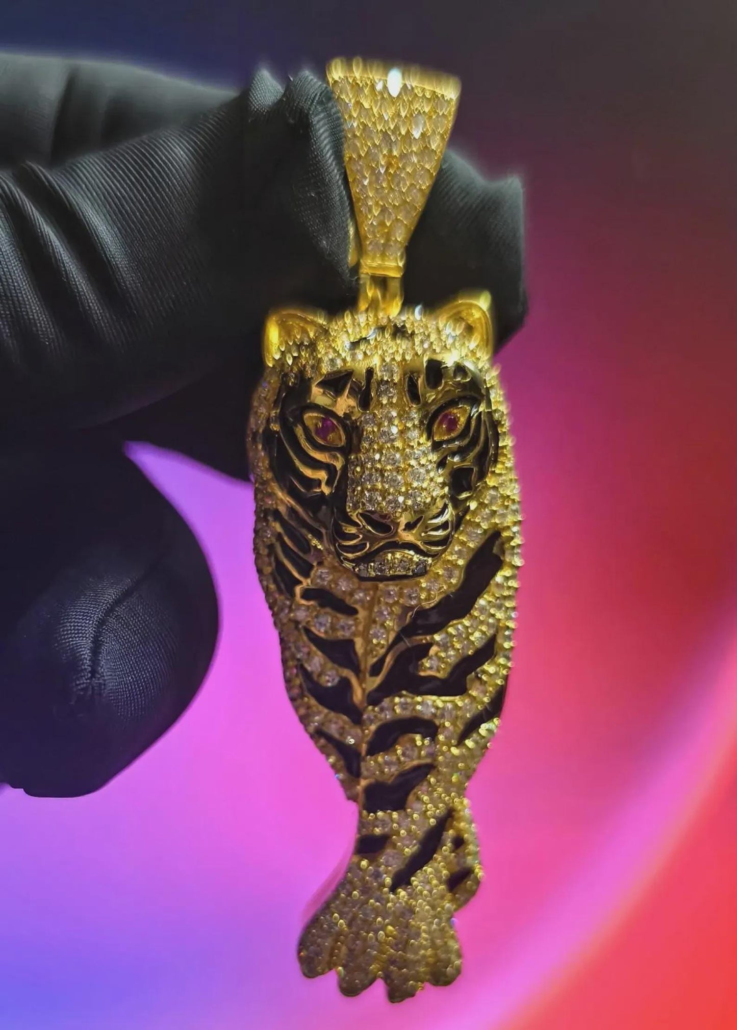 4Ct Round Cut Tiger Simulated Diamond Black Enamel Pendant Red Ruby Eye 14K Yellow Gold Plated 925 Sterling Silver, Tiger Animal Pendant