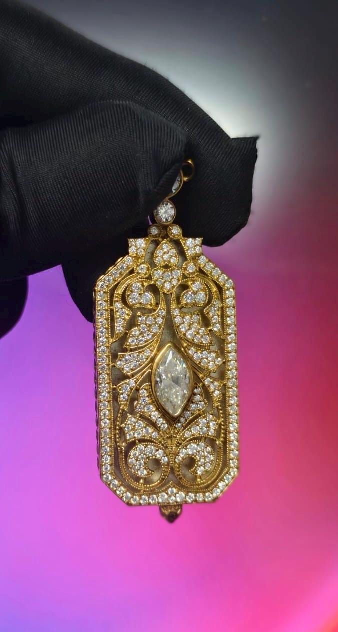 3Ct Marquise & Round Cut Simulated Diamond Art Deco Style Pendant 14K Yellow Gold Plated - 925 Silver