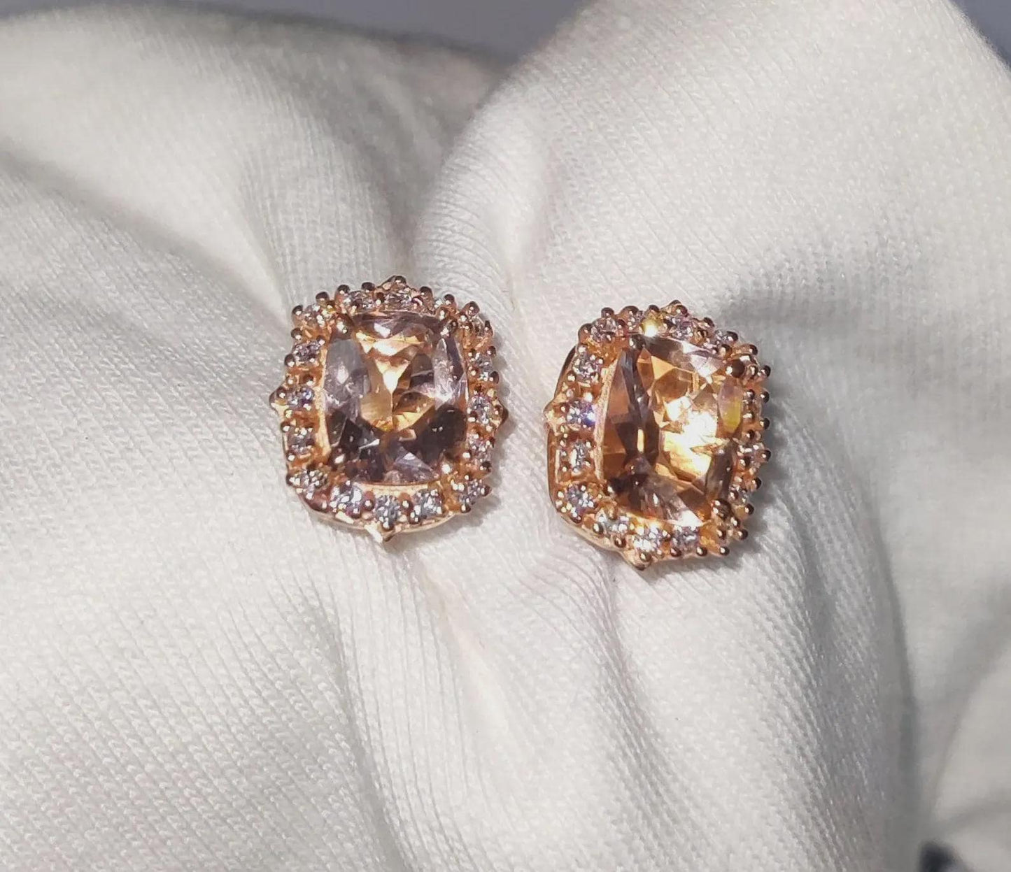 4Ct Cushion Cut Morganite Stud Earrings Simulated Diamond 14K Rose Gold Finish Fancy Halo Earrings 925 Sterling Silver Gift For Party Wear