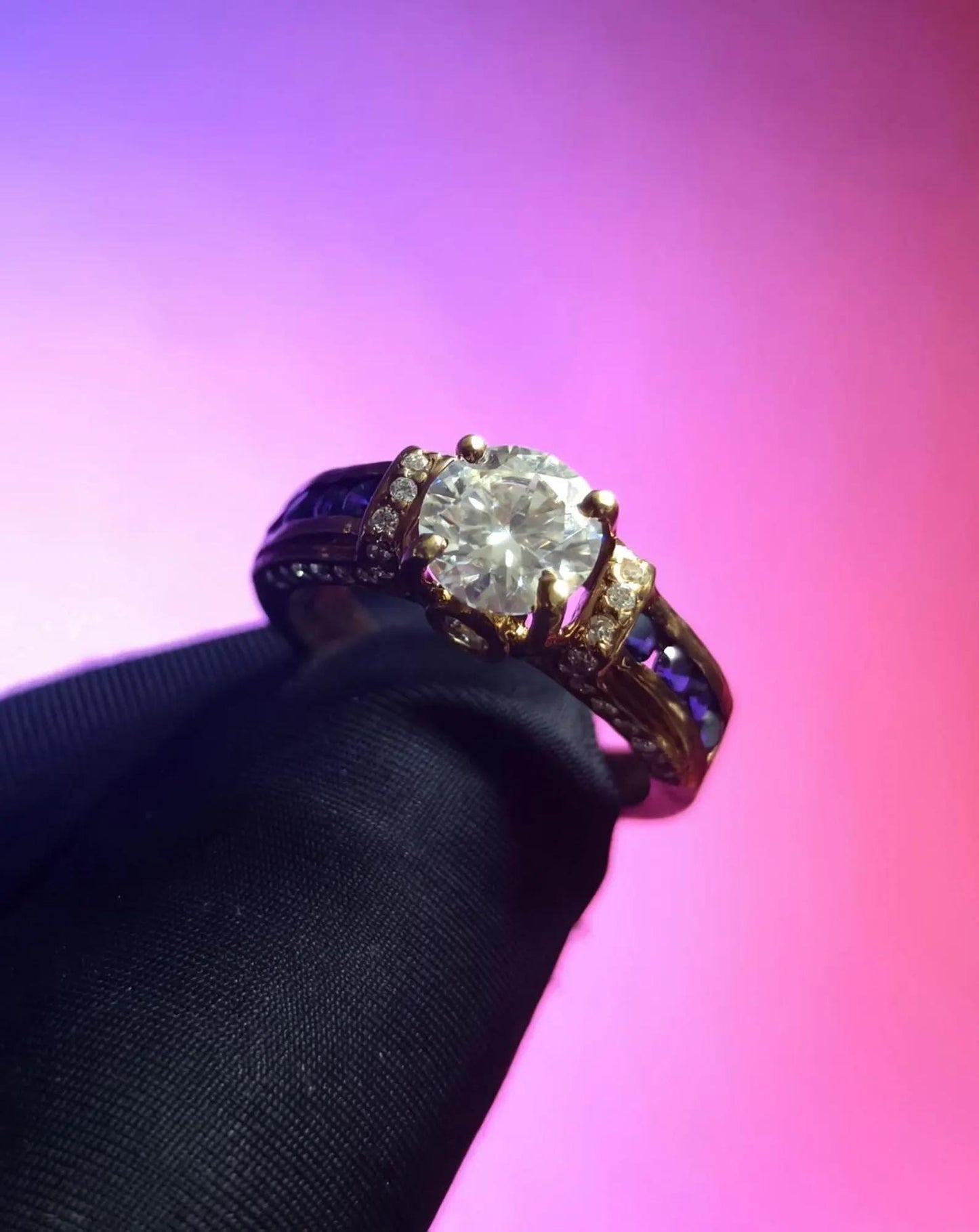 Round Cut Simulated Diamond & Blue Tanzanite Solitaire Engagement Ring  14K Yellow Gold Plated, Silver, Anniversary Ring, Wedding Band Ring