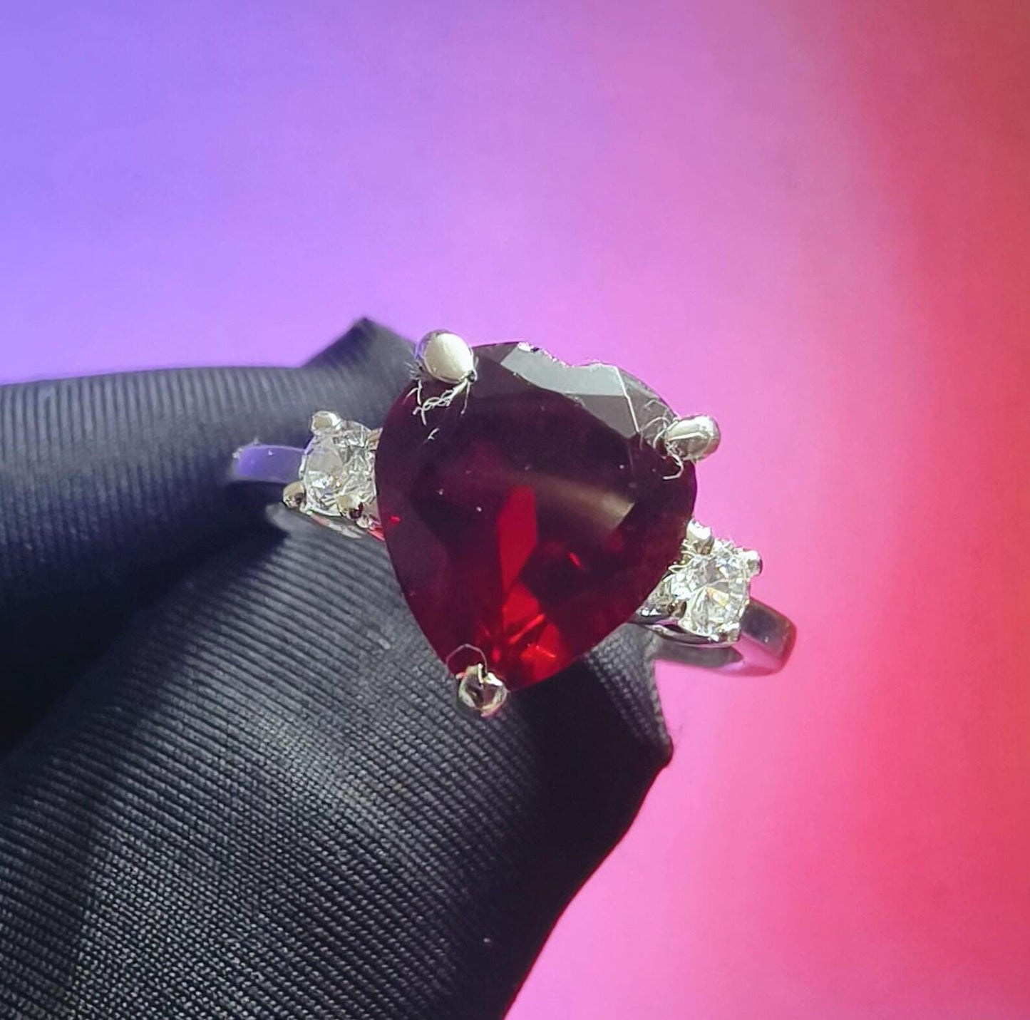 1.50Ct Heart Cut Simulated Red Garnet & Diamond Wedding Engagement Ring 14k White Gold Plated- 925 Silver, Gift for Her