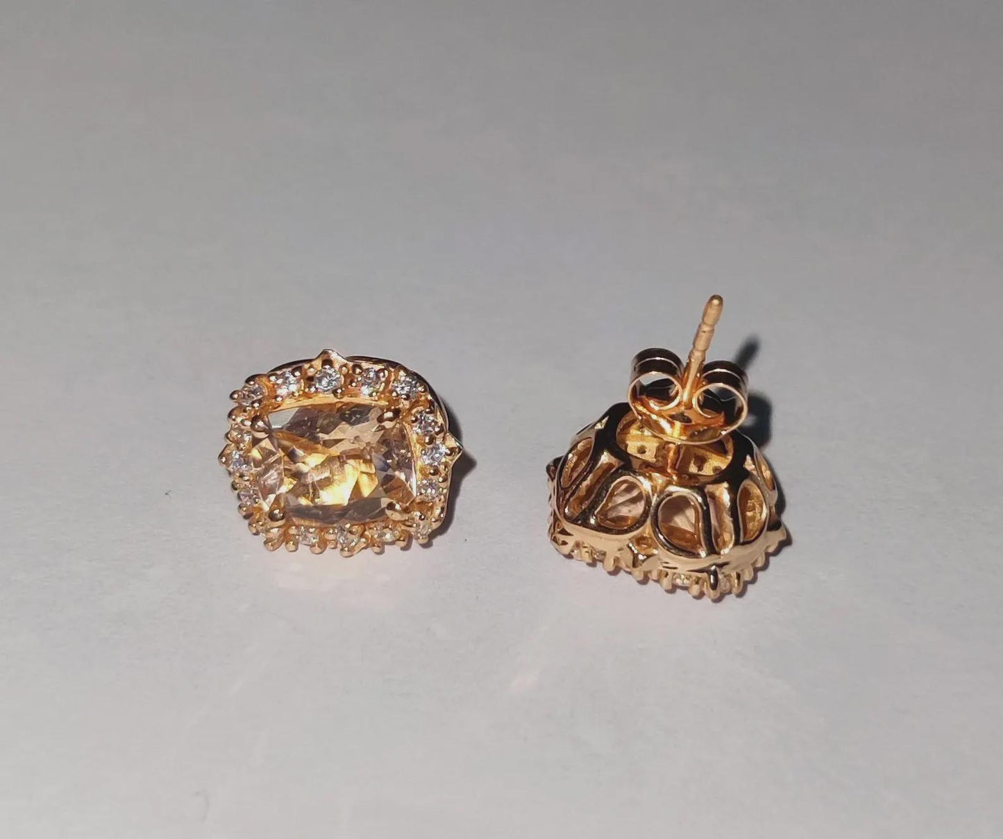 4Ct Cushion Cut Morganite Stud Earrings Simulated Diamond 14K Rose Gold Finish Fancy Halo Earrings 925 Sterling Silver Gift For Party Wear