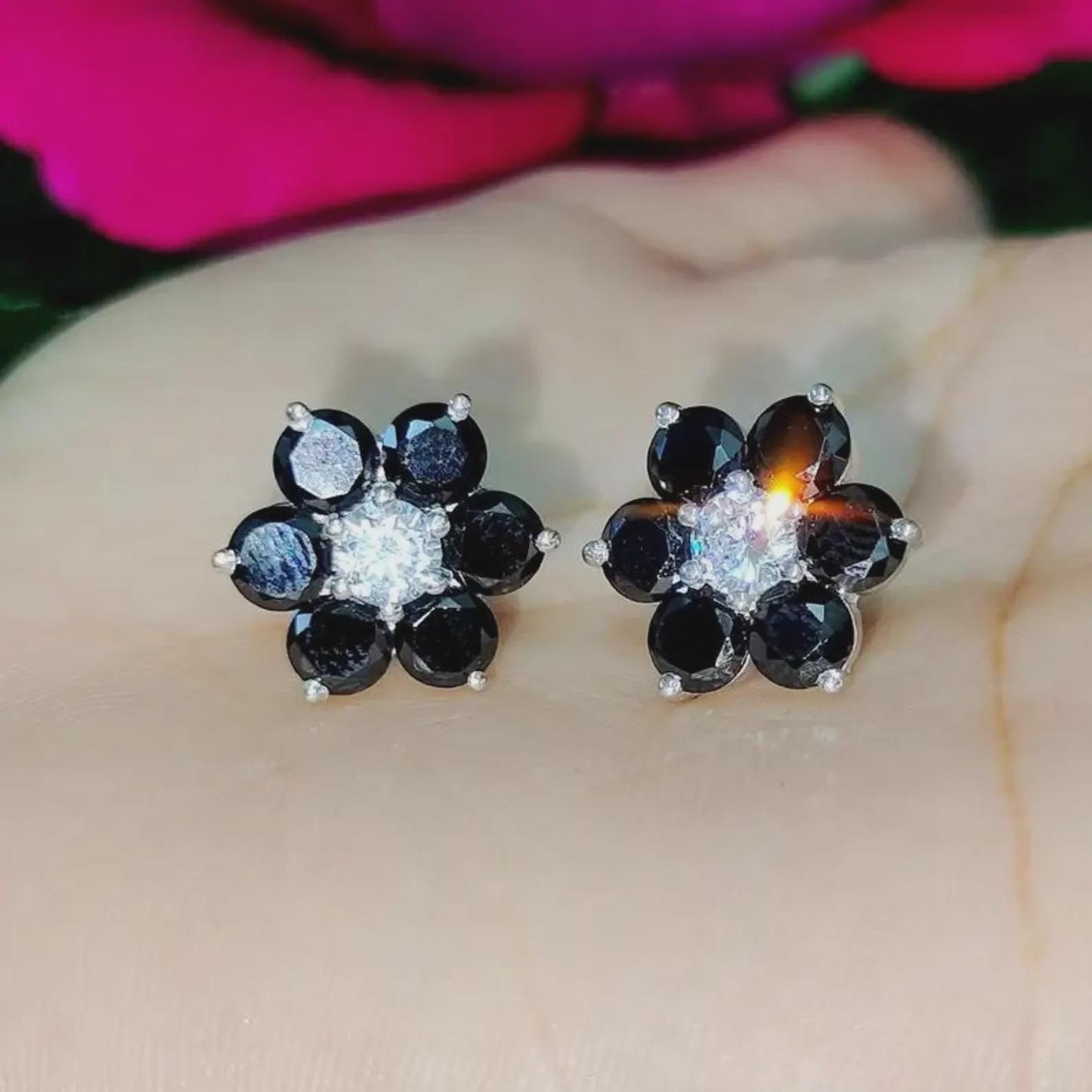 1.20Ct Round Cut Simulated Black Diamond Flower Earrings 14K White Gold Plated 925 Sterling Silver, Push back Earrings, Gift For Her