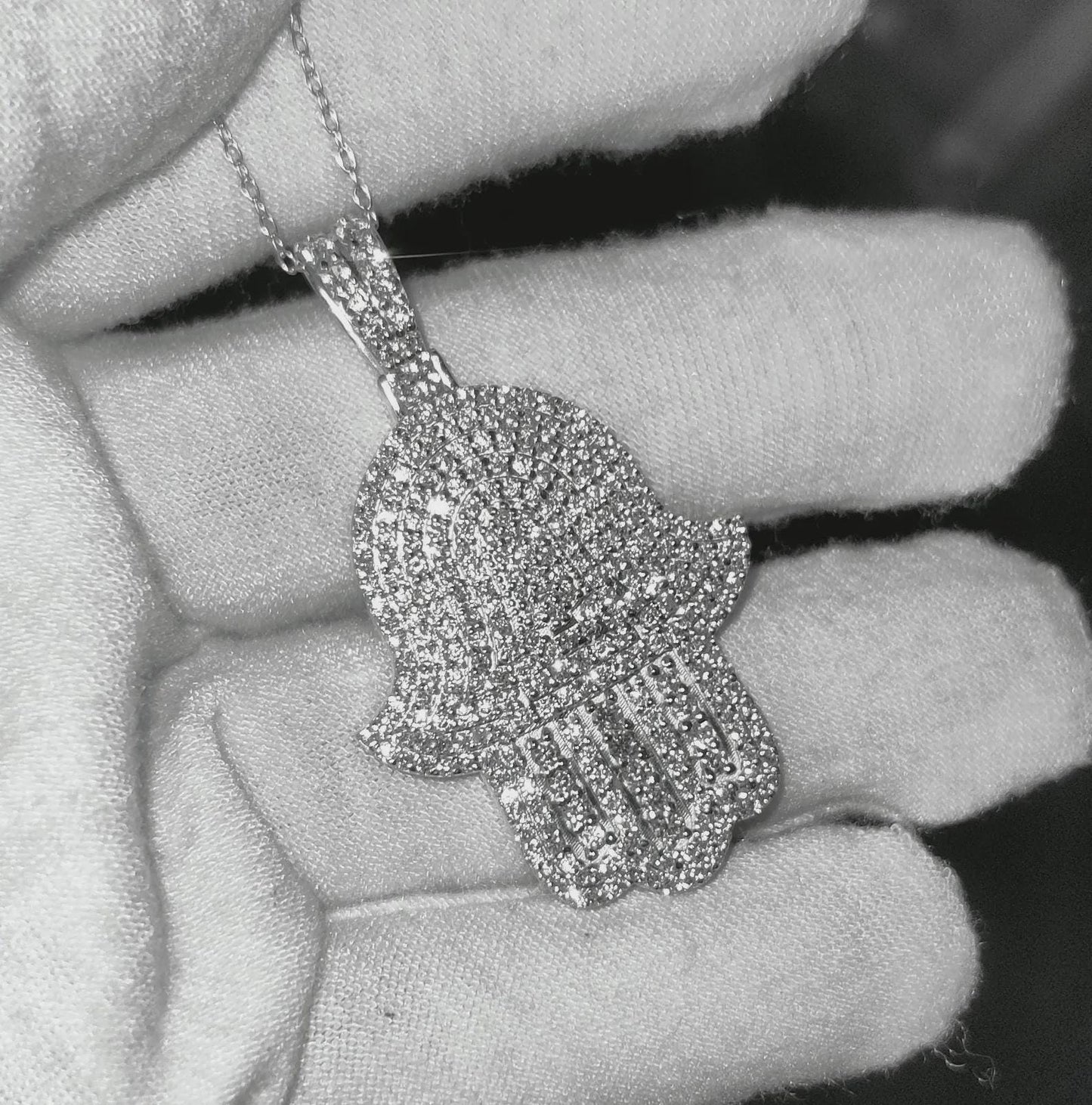 2Ct Round Cut Simulated White Diamond Hamsa Pendant  14K White Gold Finish Free Chain 925 Sterling Silver