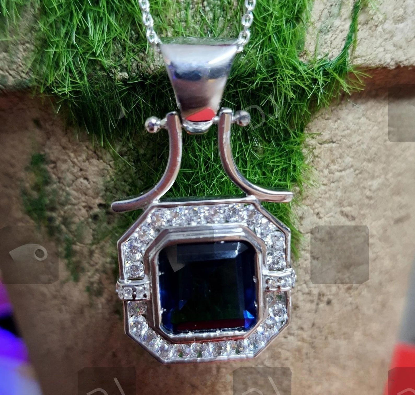 3Ct Asscher Cut Blue Sapphire Round Cut Diamond Halo 14K White Gold Finish Pendant Necklace For Girls With Free Chain