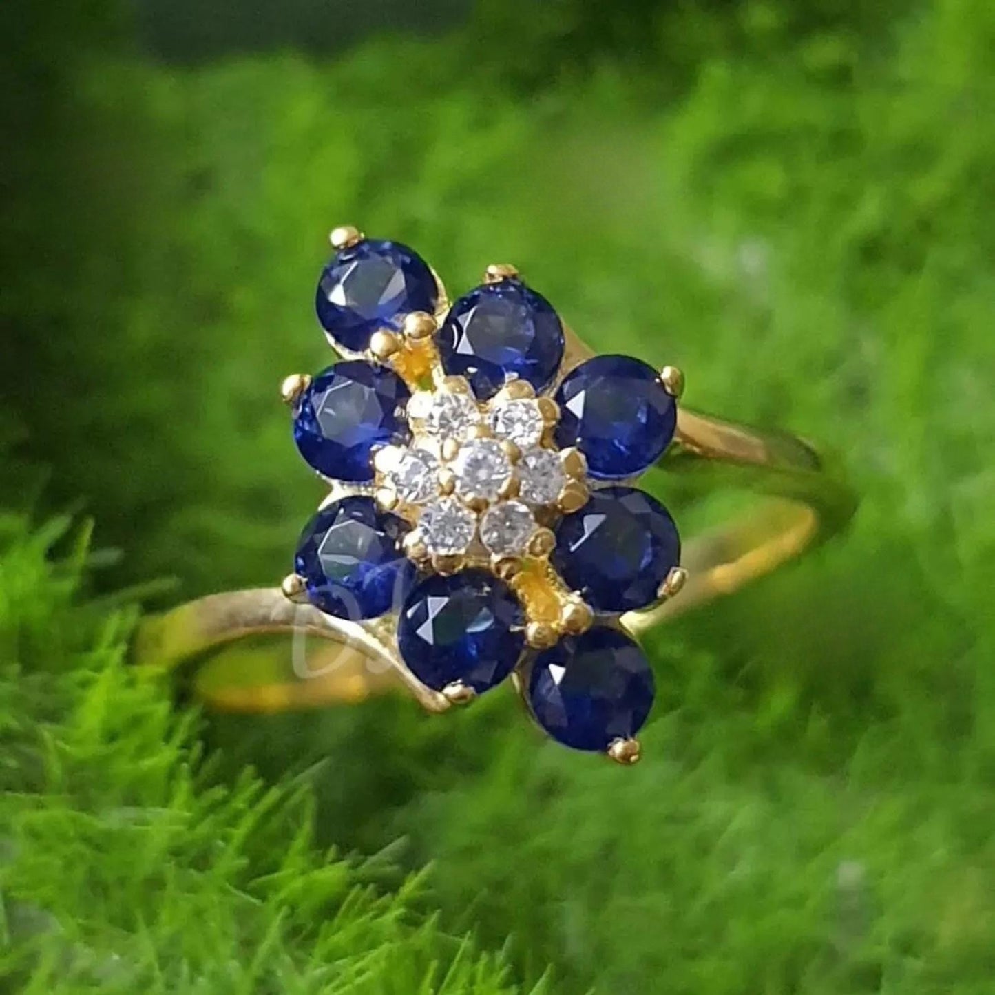 2Ct Round Cut Lab Created Blue Sapphire 14K Yellow Gold Plated Cluster Engagement, Wedding, Anniversary, Birthday Gift For Her