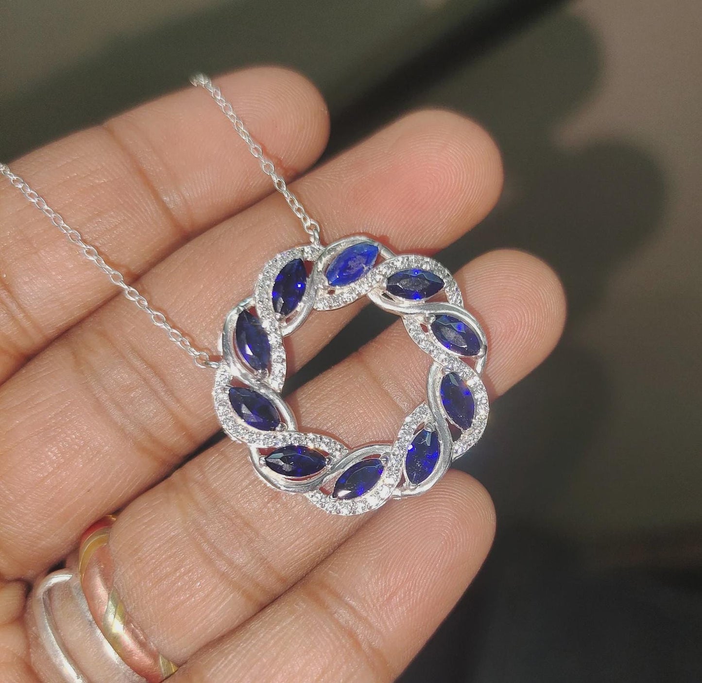 2Ct Marquise Cut Blue Sapphire & VVS1/D Diamond Circle Pendant Necklace 14k White Gold Plated Birthday Gift for Her Free Chain