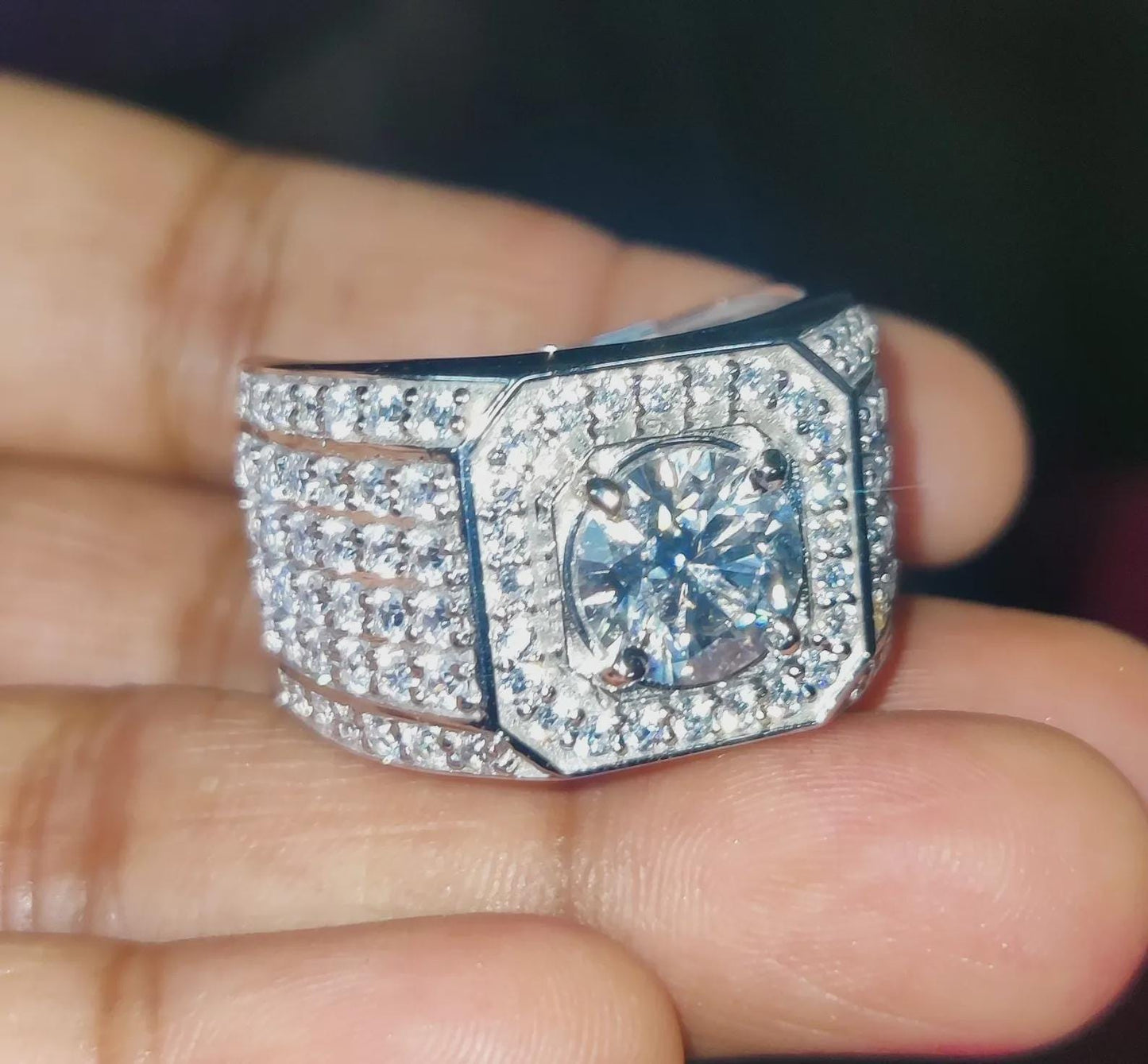 4Ct Round Cut Lab-Created Diamond Cluster Mens Engagement Ring 14K White Gold Finish 925 Silver Hip Hop Diamond Engagement Ring Wedding Band