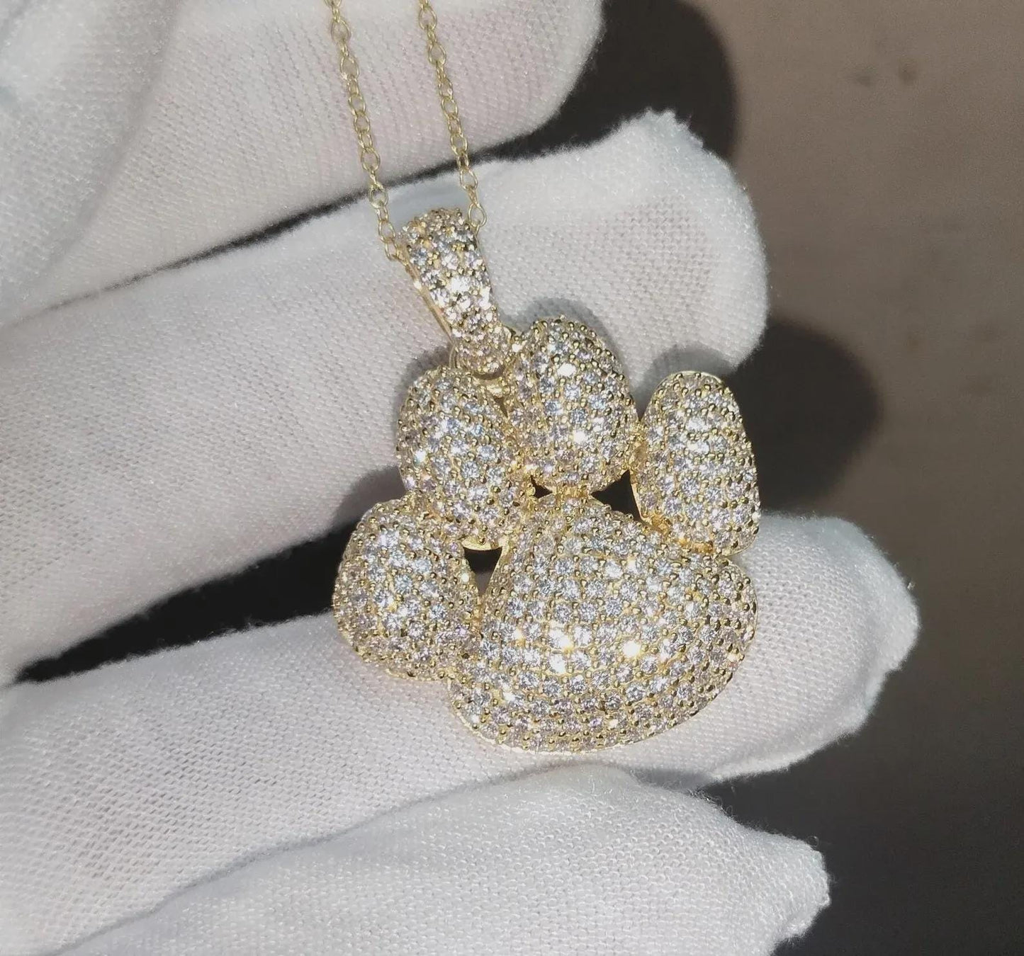 3Ct Round Cut Simulated White Diamond Dog Paw Pendant 14K Yellow Gold Finish Free Chain 925 Sterling Silver Hip Hop Dog Paw Pendant