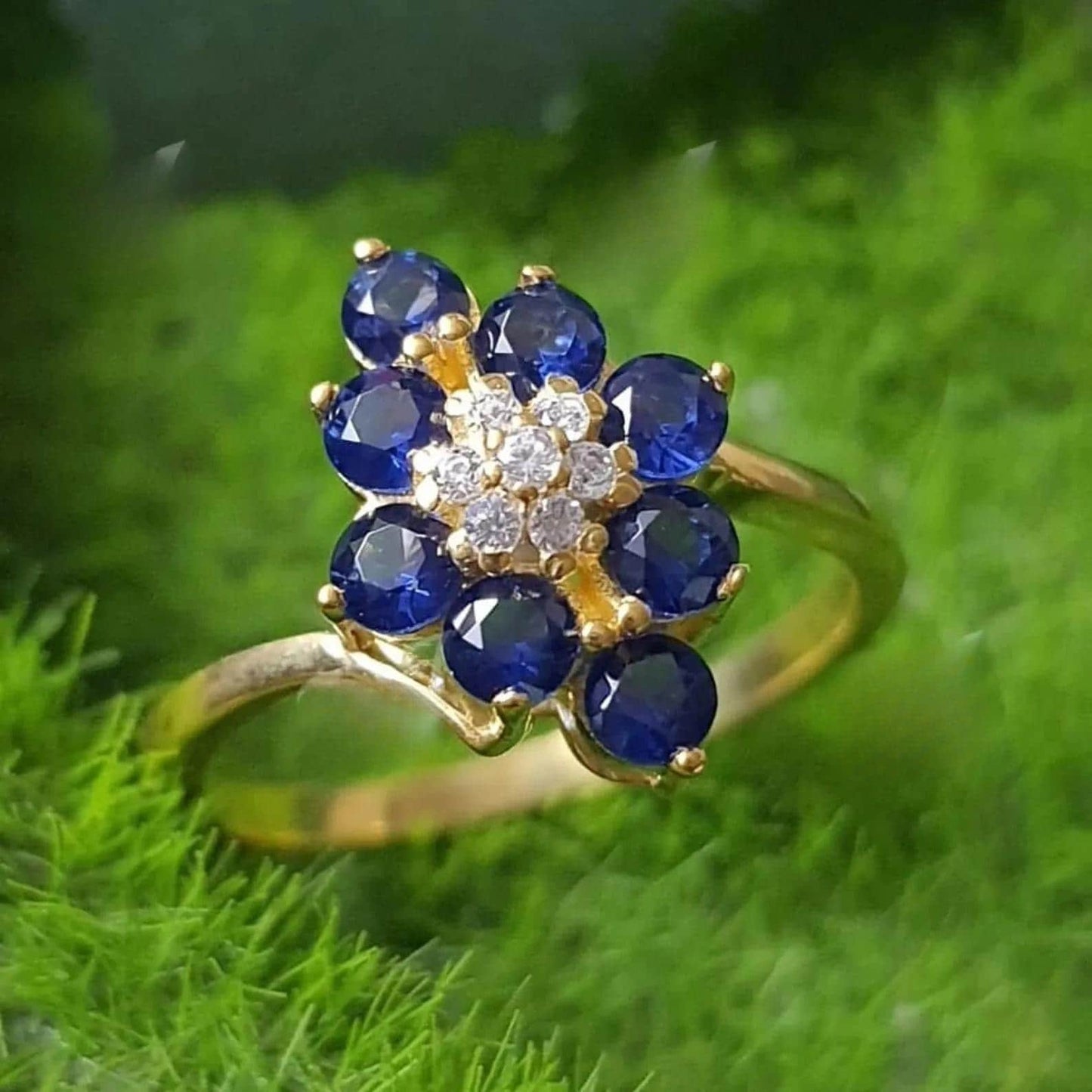 2Ct Round Cut Lab Created Blue Sapphire 14K Yellow Gold Plated Cluster Engagement, Wedding, Anniversary, Birthday Gift For Her