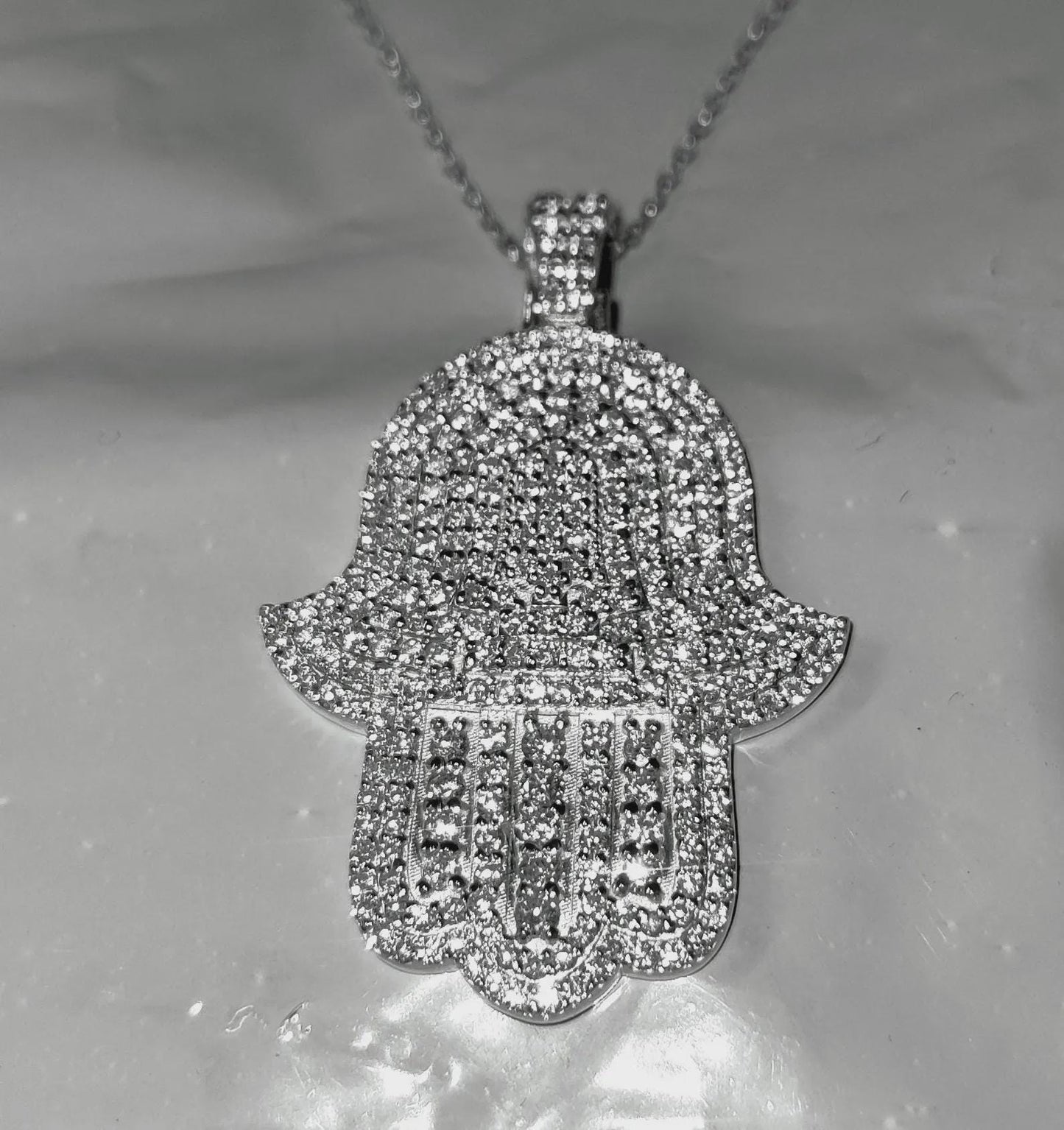 2Ct Round Cut Simulated White Diamond Hamsa Pendant  14K White Gold Finish Free Chain 925 Sterling Silver