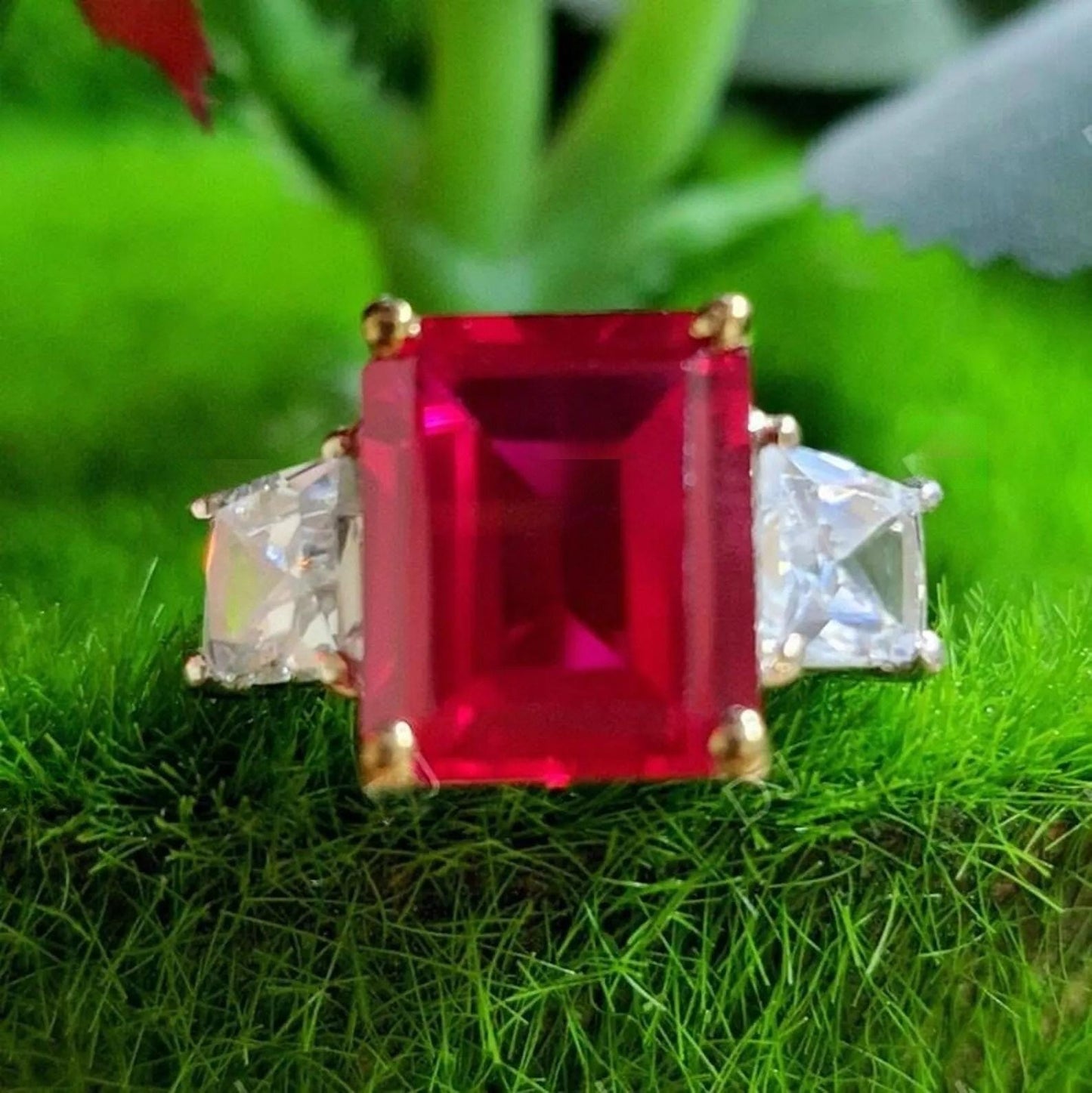 2Ct Emerald Cut Simulated Red Ruby Diamond Three Stone 14K White Gold Finish Engagement Anniversary Ring, Birthday Party Gift, Ring For Her