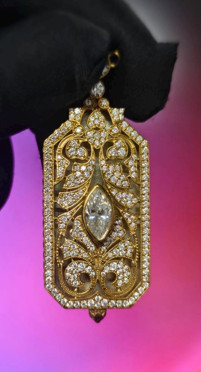 3Ct Marquise & Round Cut Simulated Diamond Art Deco Style Pendant 14K Yellow Gold Plated - 925 Silver