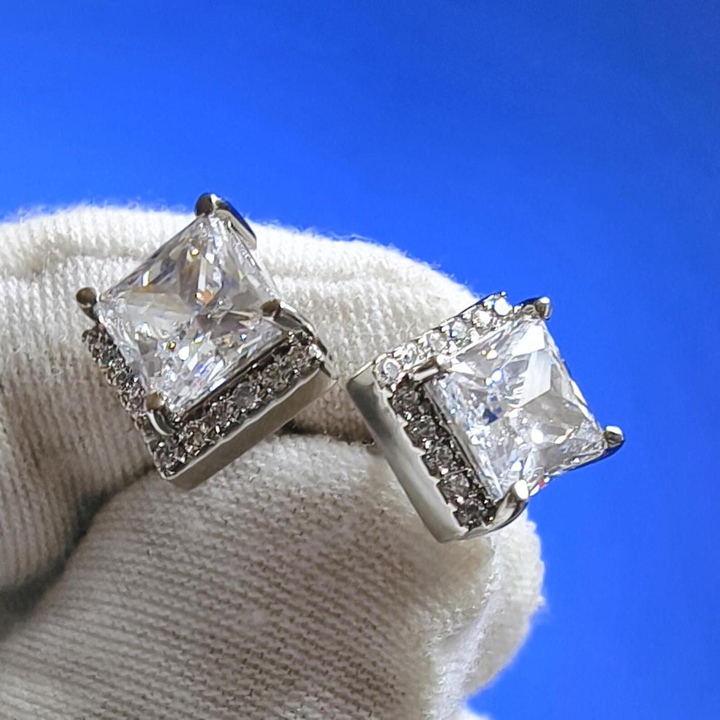 4Ct Princess Cut Moissanite Halo Stud Earrings 14K White Gold Finish 925 Silver Stud Earrings
