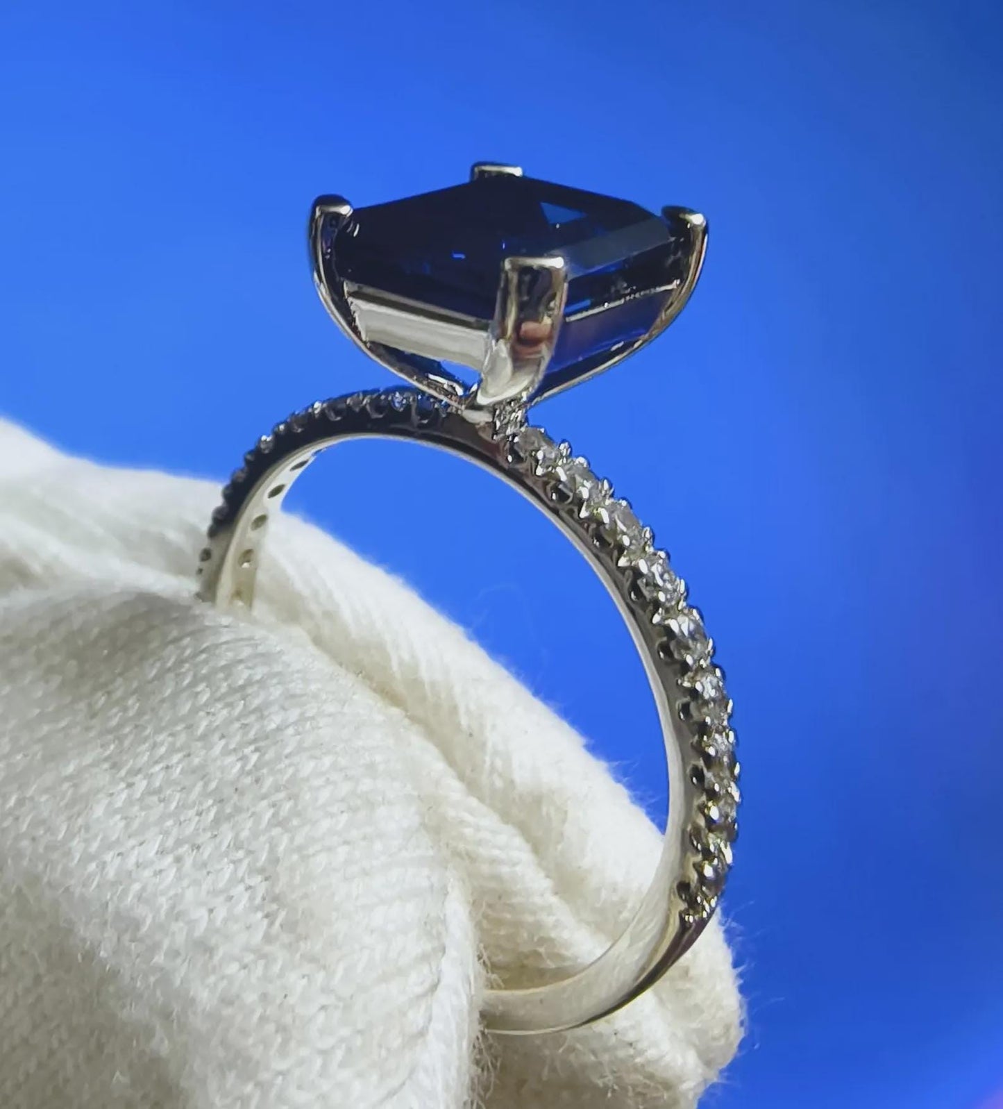 2.50Ct Emerald Cut Blue Sapphire & VVS1/D Diamond Solitaire Engagement Wedding Women's Ring 14K White Gold Finish Gift For her