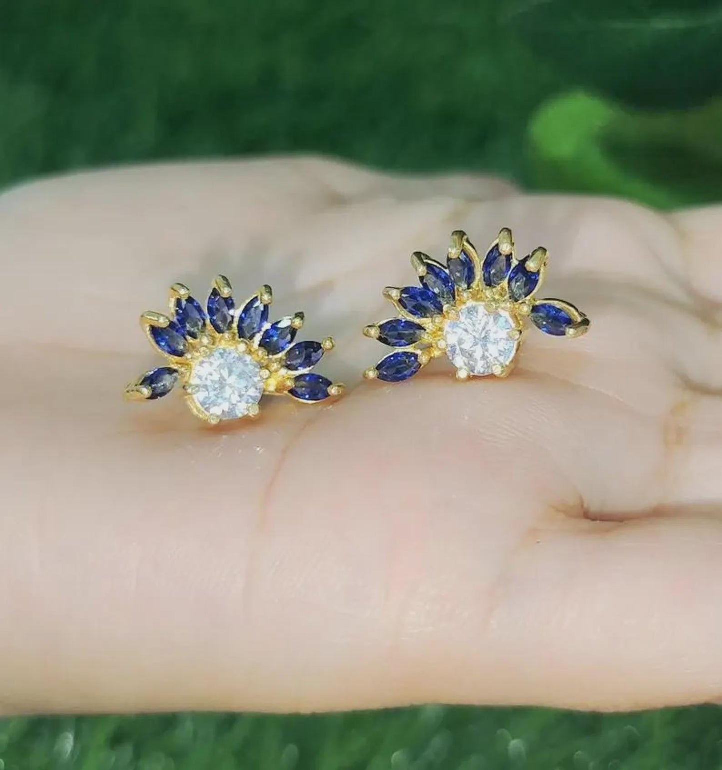 1Ct Marquise Cut Sapphire Stud Earrings Blue Sapphire Flower Stud Women's Earrings 14K Yellow Gold Plated 925 Silver Push Back Earrings