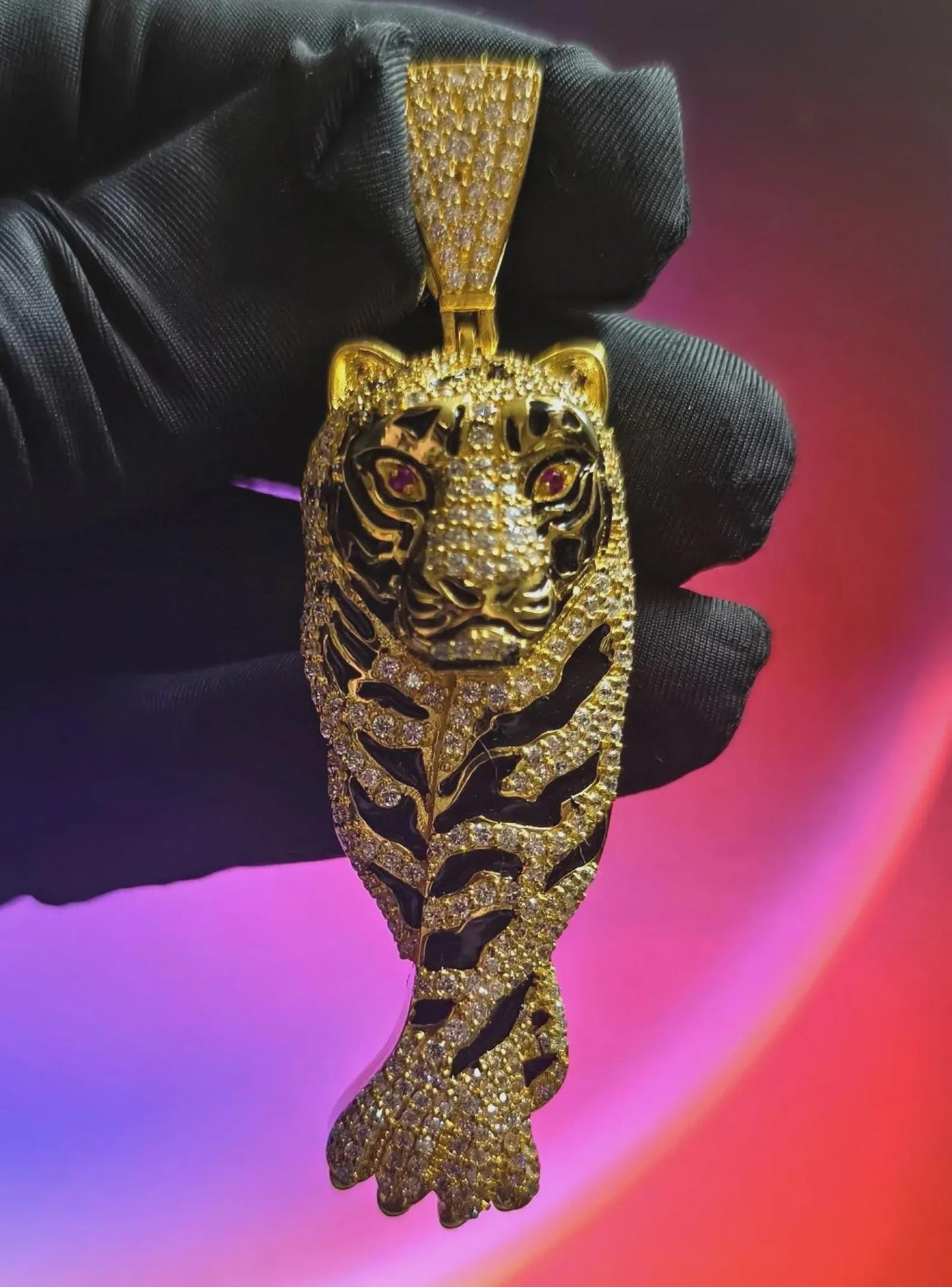 4Ct Round Cut Tiger Simulated Diamond Black Enamel Pendant Red Ruby Eye 14K Yellow Gold Plated 925 Sterling Silver, Tiger Animal Pendant