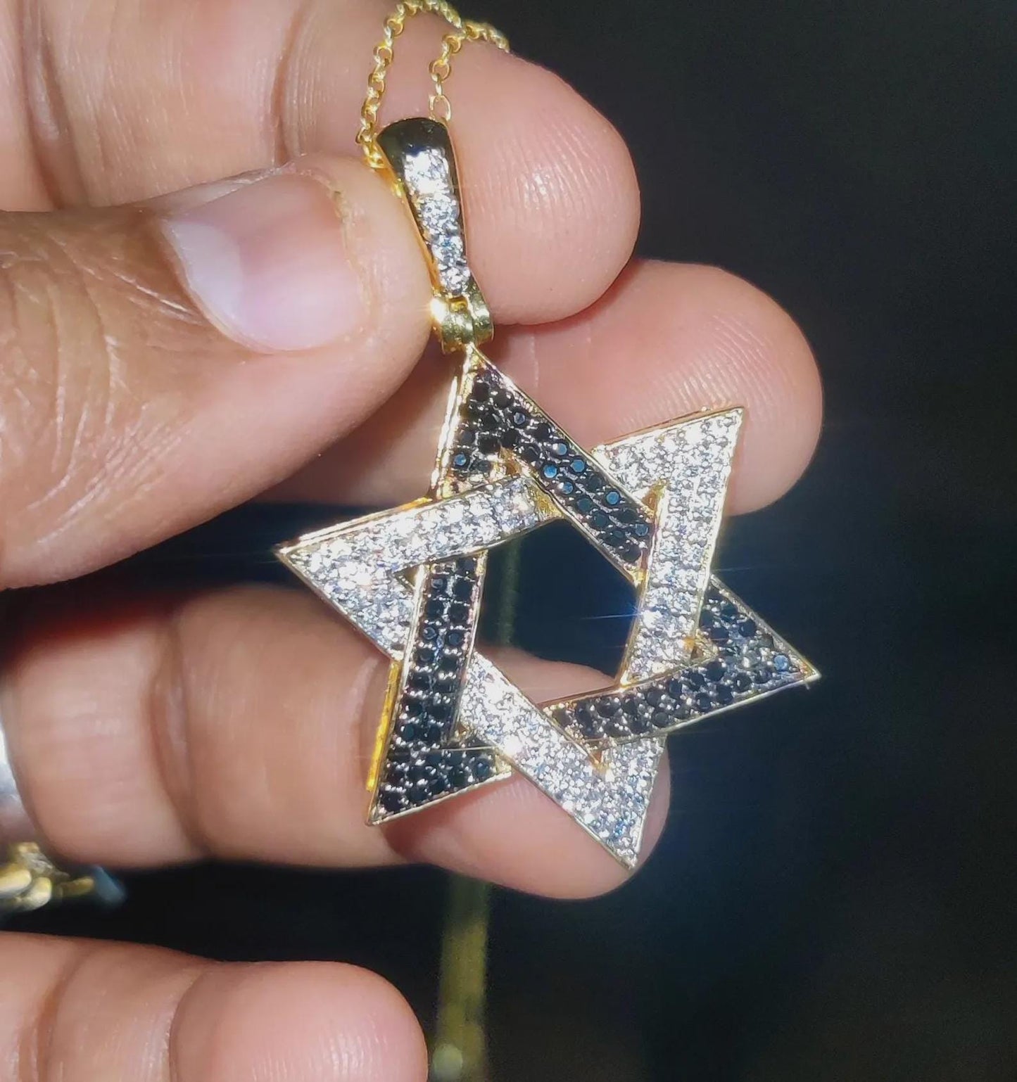 Round Cut Simulated Black and White Diamond Star of David Pendant 14K Yellow Gold Plated Pendant Gift