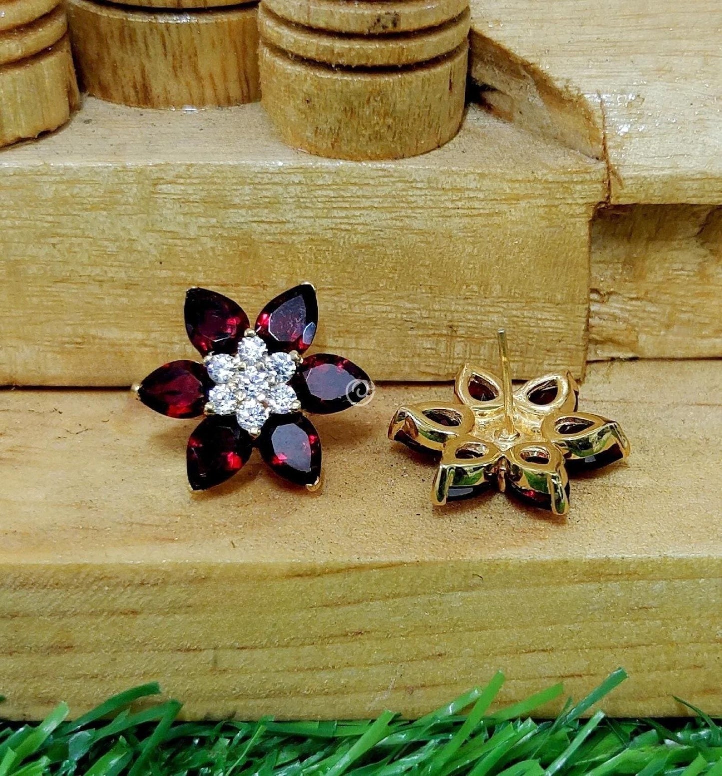 1.20Ct Red Garnet Earrings Lab-Created Pear Cut Red Garnet Cluster Flower Stud Earrings 14K Yellow Gold Finish Woman's Garnet Stud Earrings