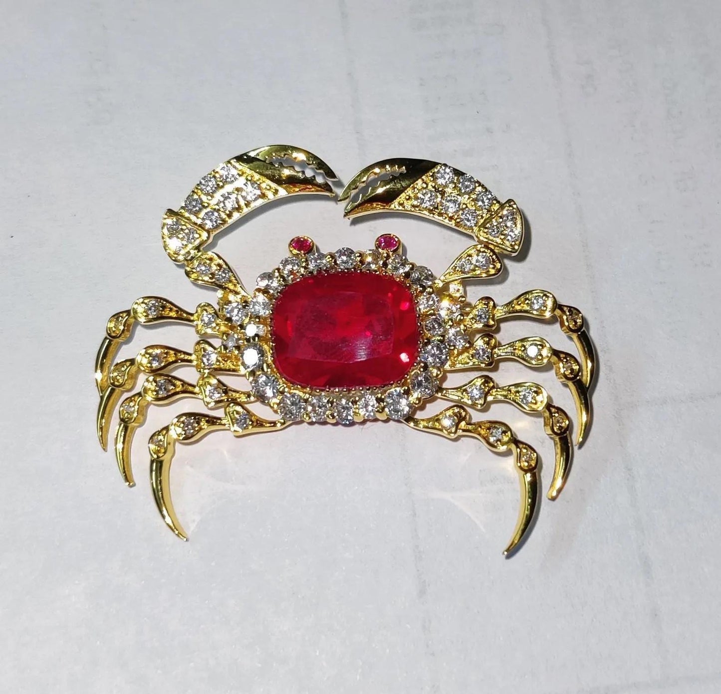 2Ct Diamond Brooch Pin, Crab Shape Brooch, Lab-Created Red Ruby Diamond 14K Yellow Gold Plated 925 Sterling Silver, Special Occasion wear