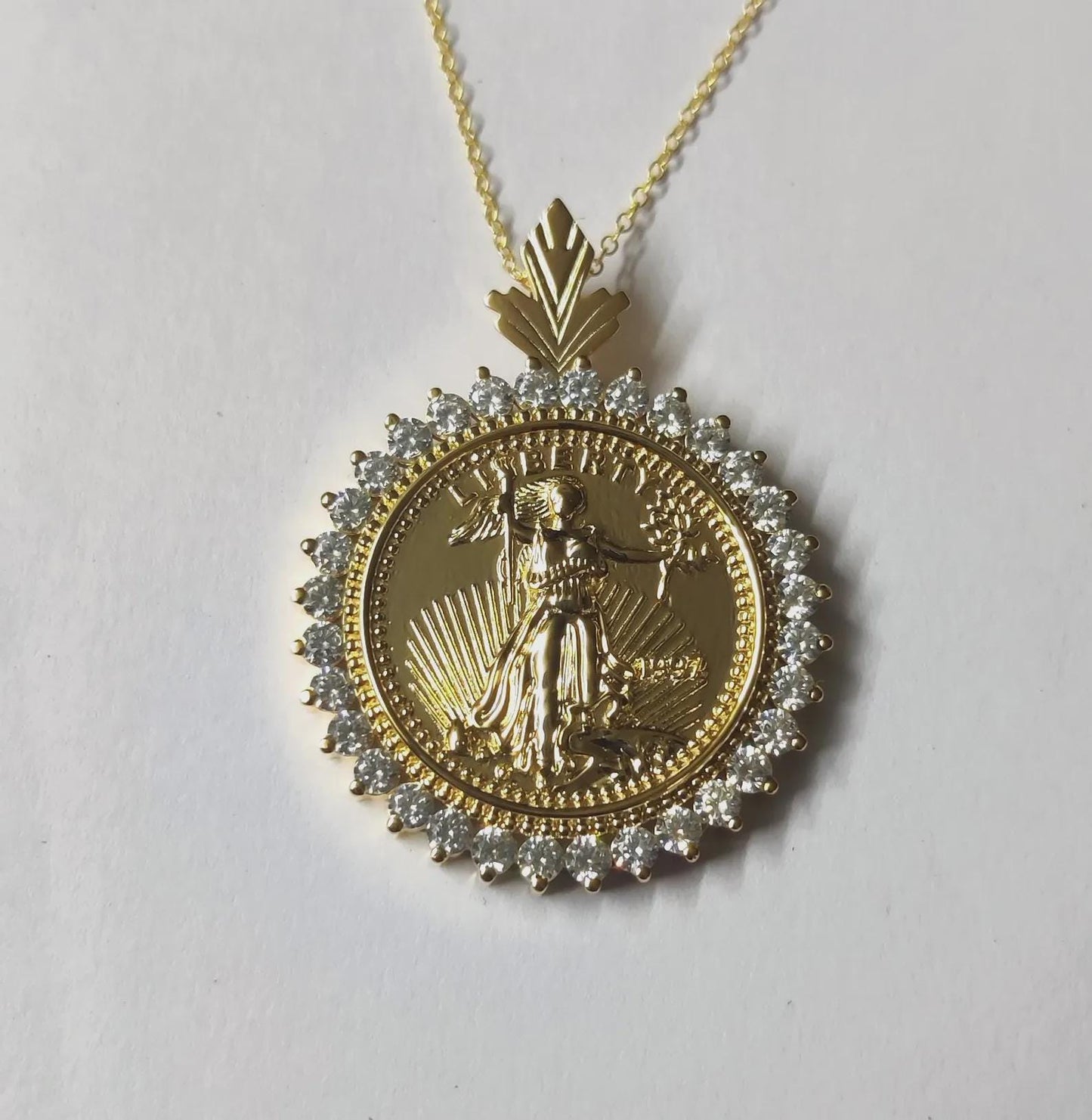 1Ct Round Cut Moissanite Pendant Liberty Dollar Coin Pendant Necklaces Pendant 14K Yellow Gold Finish Moissanite Liberty Pendant