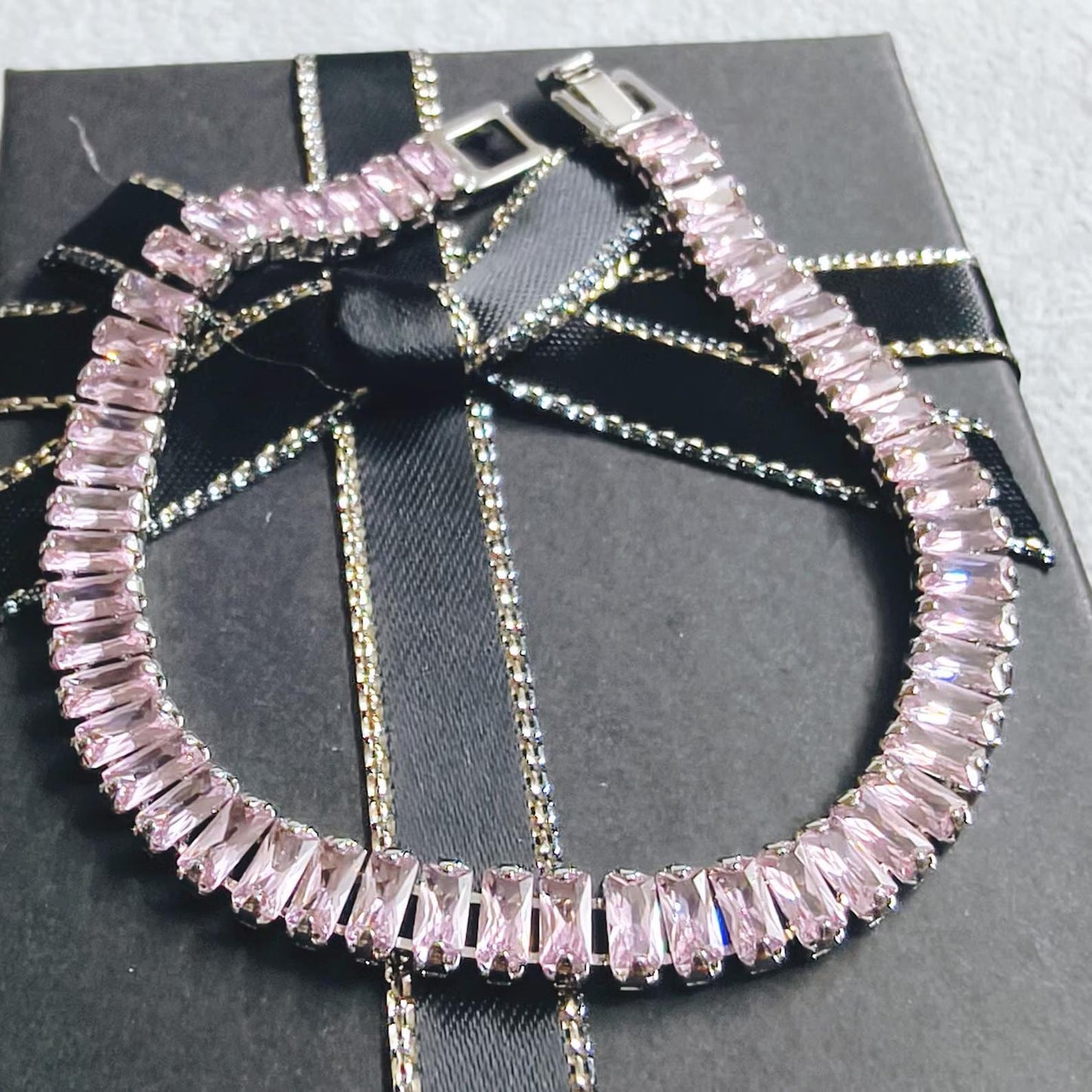 12Ct Baguette Cut CZ Pink Sapphire Lab-Created Spinel Tennis Bracelet 14K White Gold Plated Diamond Bracelet Size 7.5" Inch