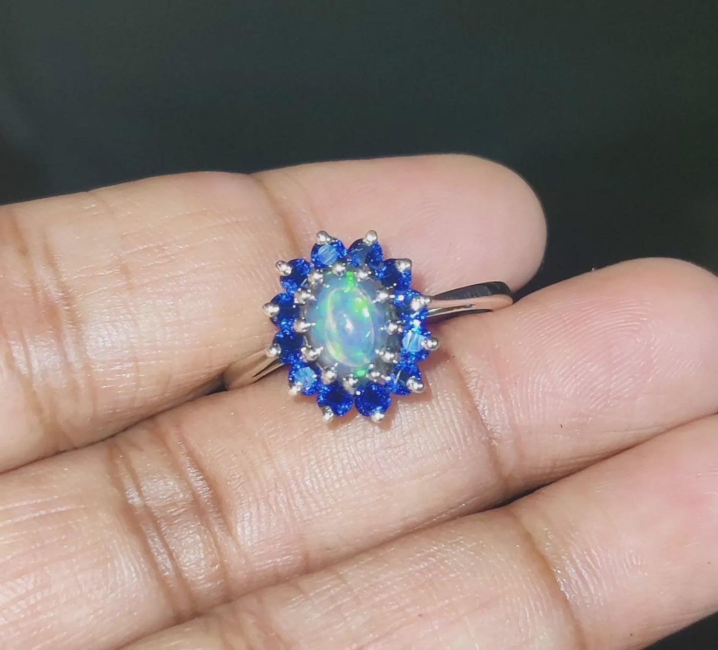 2Ct Oval Cut Fire Opal and Blue Sapphire Halo Engagement Wedding Ring 14K White Gold Finish Opal Ring Halo Fire Opal Ring