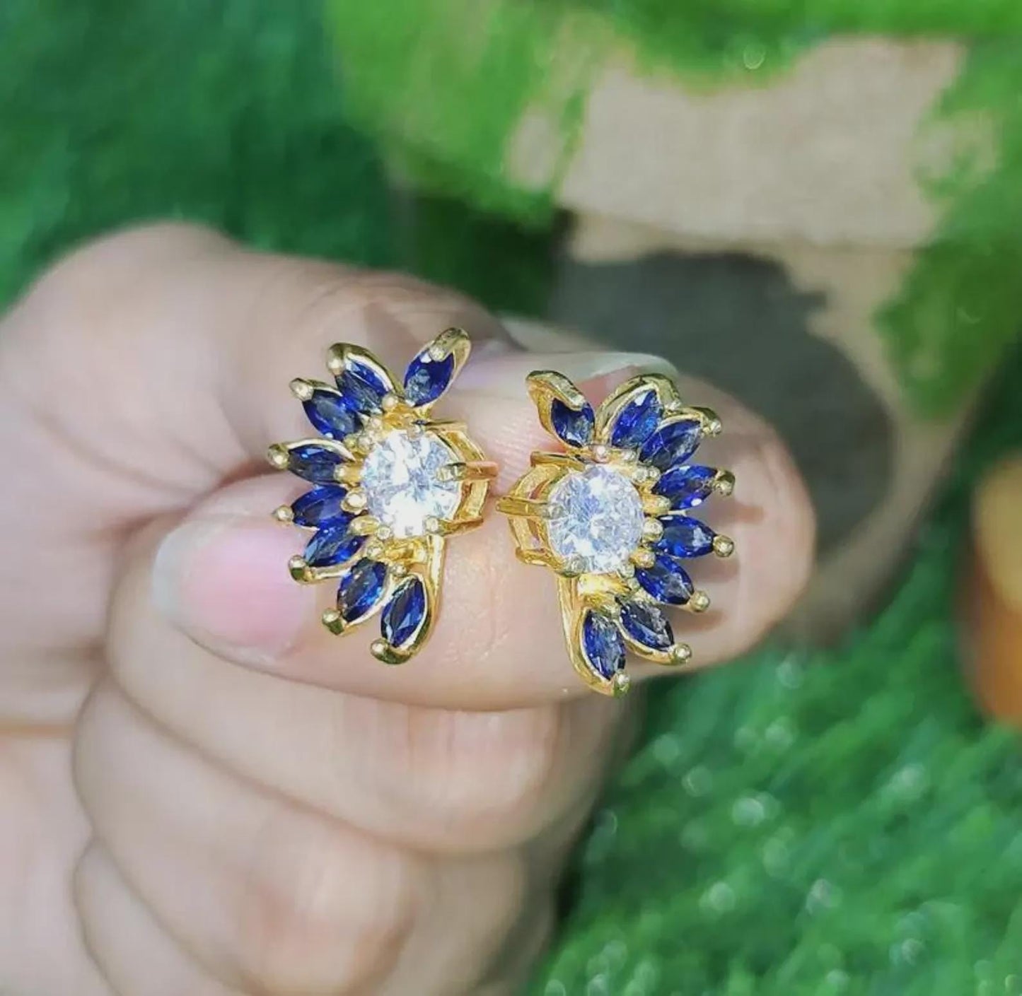 1Ct Marquise Cut Sapphire Stud Earrings Blue Sapphire Flower Stud Women's Earrings 14K Yellow Gold Plated 925 Silver Push Back Earrings