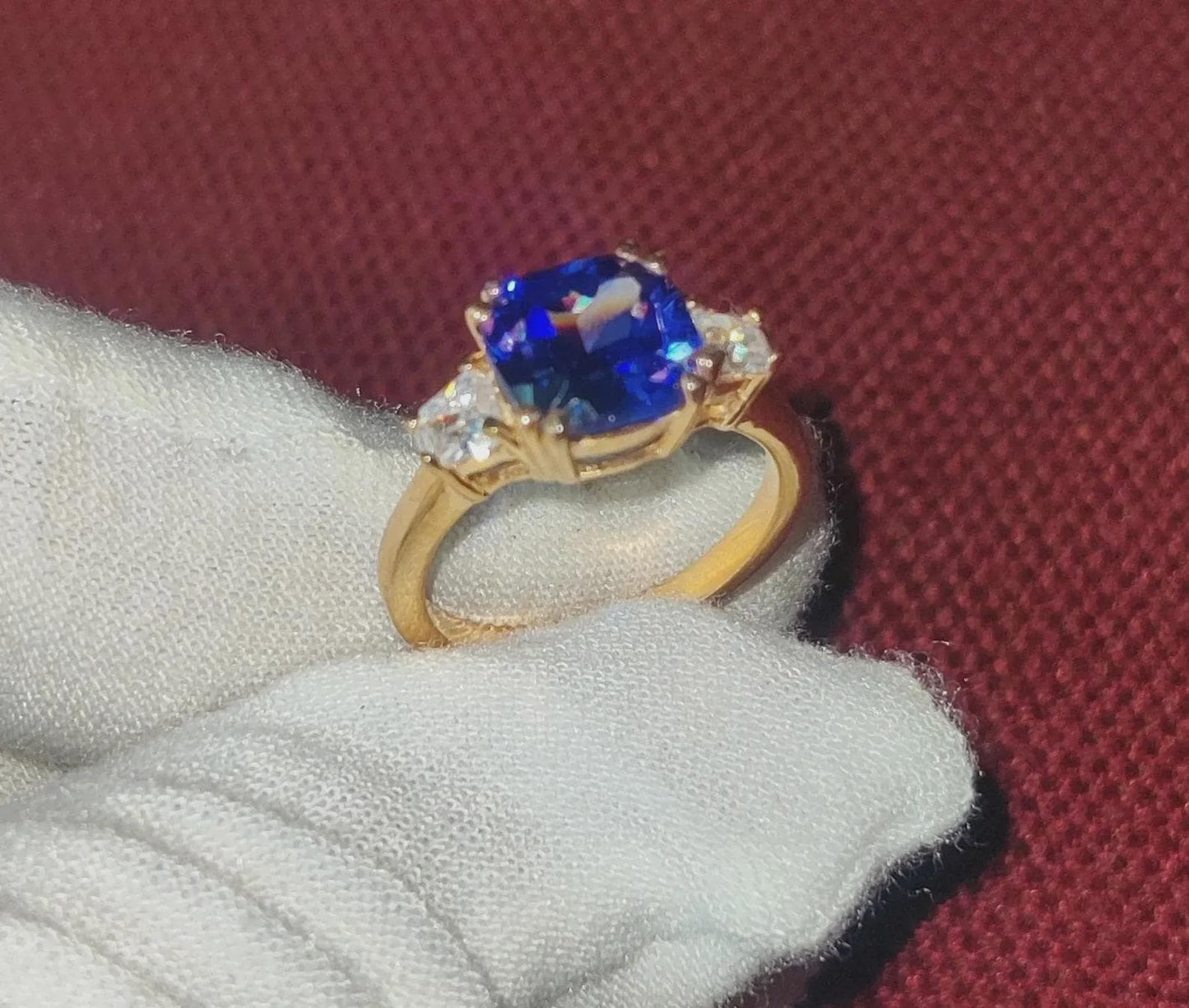 Three-Stone Tanzanite Ring Lab-Created Blue Tanzanite Wedding Engagement Ring 14K Yellow Gold Plated 925 Silver Diamond Engagement Ring