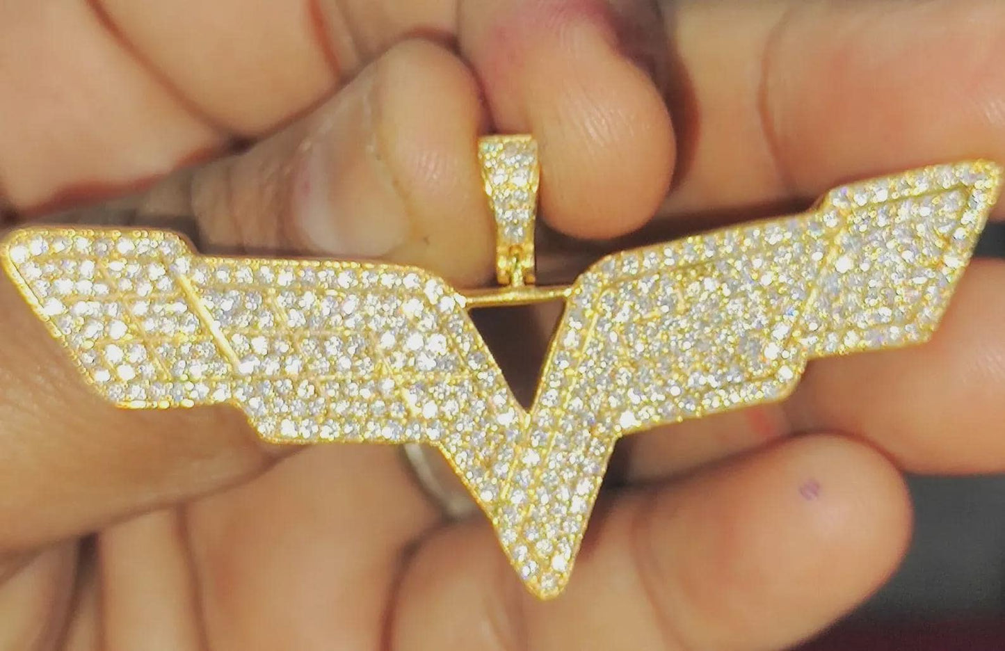 1Ct Diamond Lab-Created Wing Hip Hop Pendant Necklace Round Cut 14K Yellow Gold Plated 925 Sterling Silver V Wing Shape Pendant