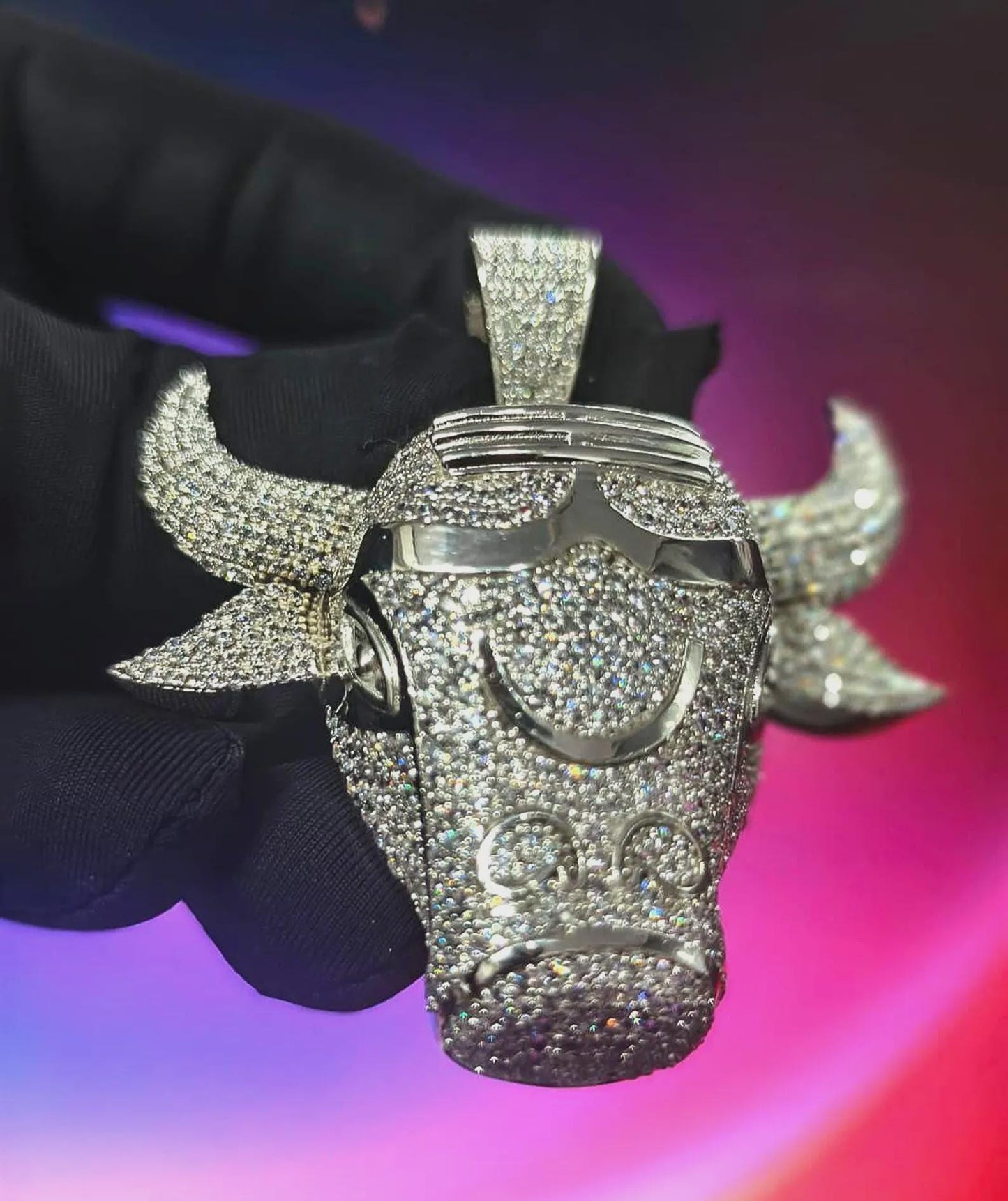 2Ct Round Cut Simulated White Diamond Bull Head Pendant 14K Yellow Gold Plated Free Chain 18" 925 Silver, Custom Hip Hop Animal Pendant