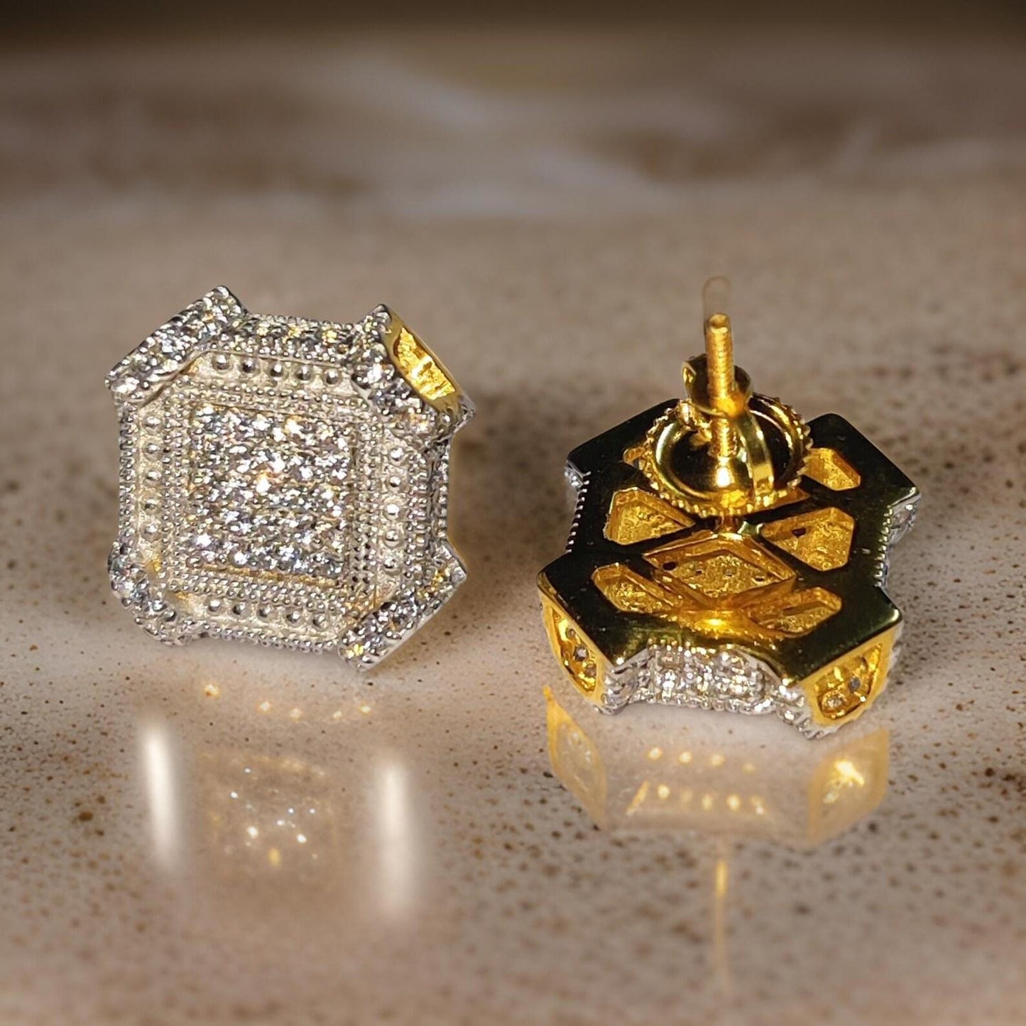 2Ct Round Cut Diamond Women's Stud Earrings Cluster Halo Stud Earrings 14K Yellow Gold Finish 925 Silver Stud Earrings Screw Back Stud