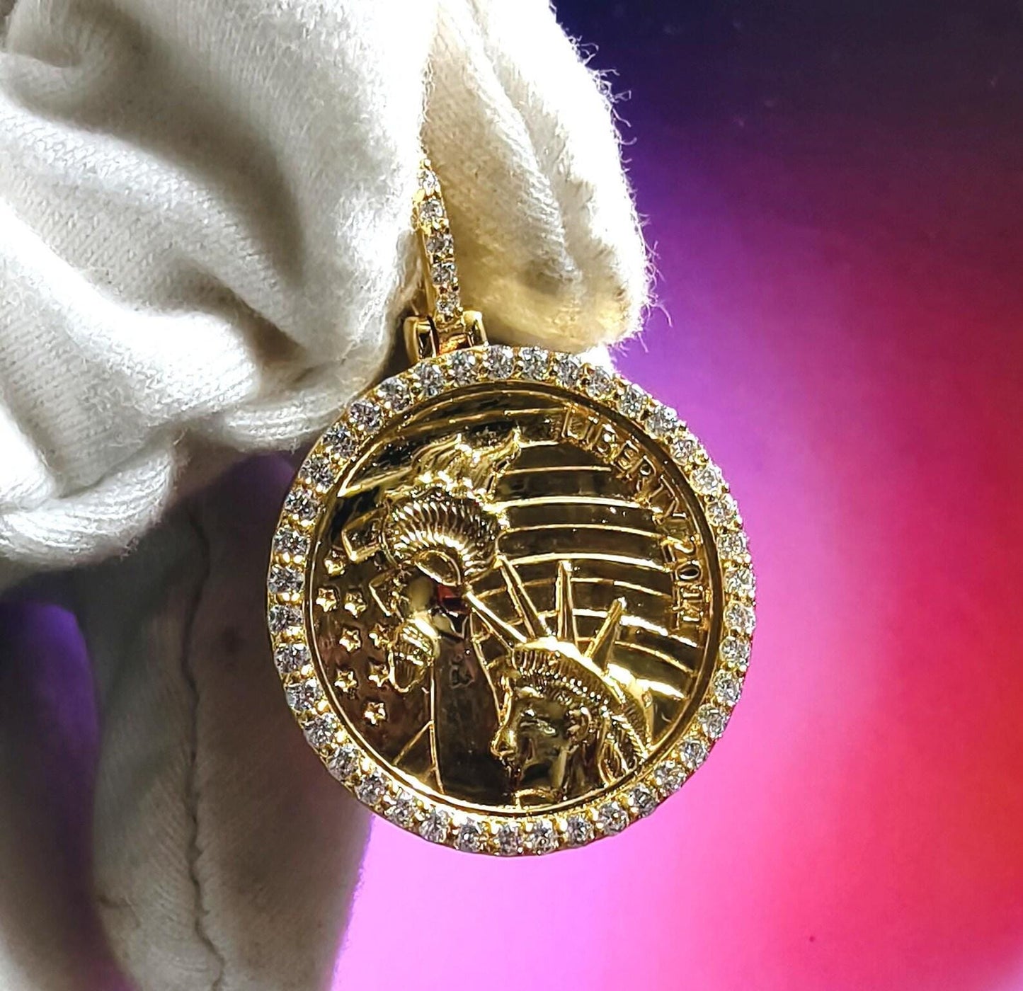 1Ct Round Cut Moissanite Pendant  Liberty Coin Pendant Necklaces Pendant 14K Yellow Gold Over Moissanite Liberty Pendant