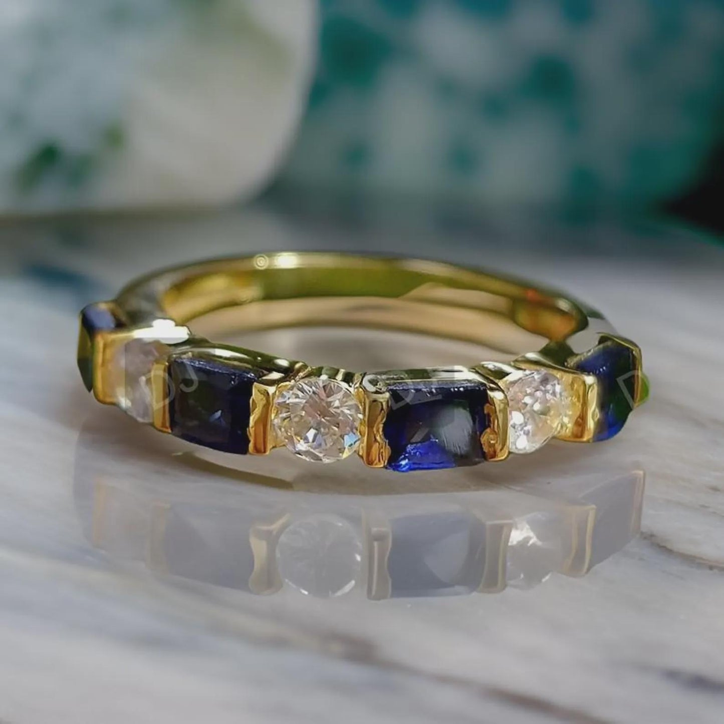 2Ct Round Cut Simulated Diamond & Princess Cut Sapphire Engagement Anniversary Band Ring 14K Yellow Gold Finish, Birthday Gift, Ring For Her