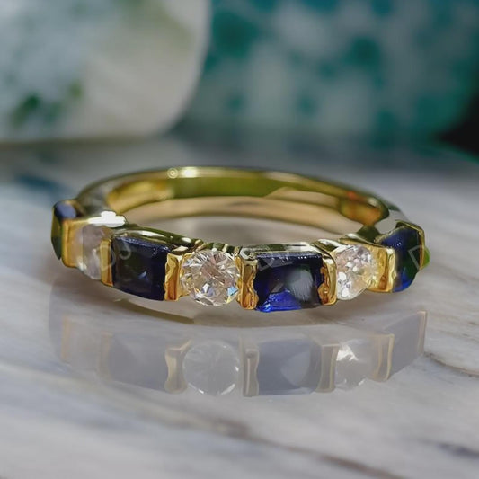 2Ct Round Cut Simulated Diamond & Princess Cut Sapphire Engagement Anniversary Band Ring 14K Yellow Gold Finish, Birthday Gift, Ring For Her