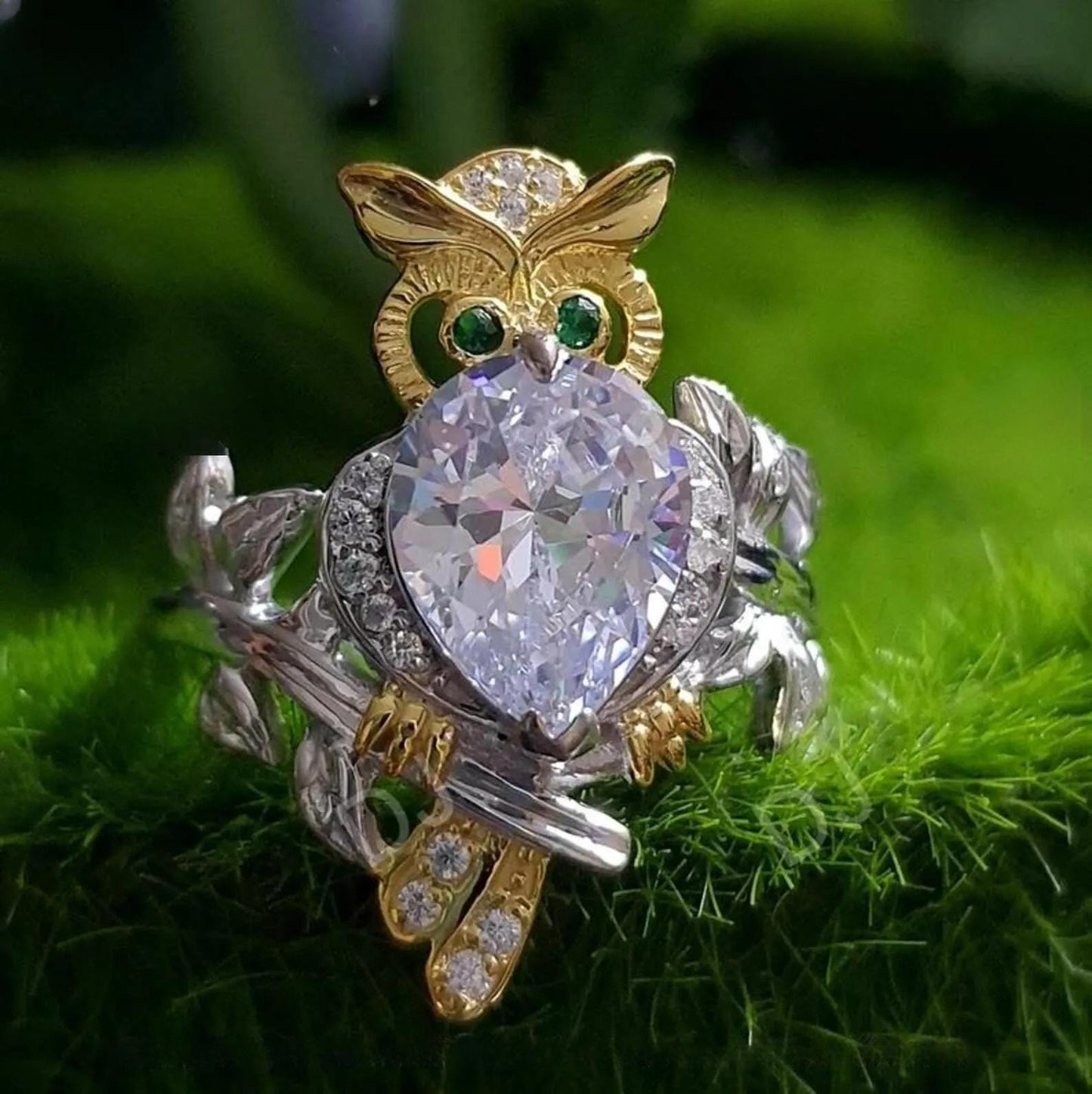 2Ct Heart Cut Owl Shape Ring Simulated Green Emerald 14K Two Tone Gold Plated 925 Sterling Silver, Anniversary Ring, For Birthday Gift Ring