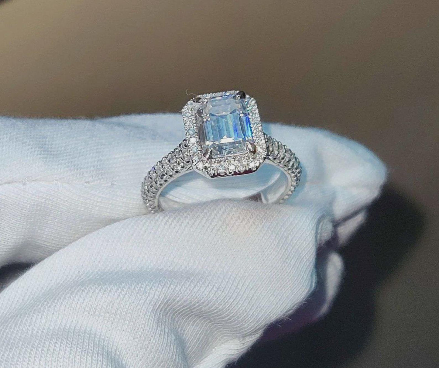 2Ct Emerald Cut Halo Simulated Diamond Solitaire Engagement Anniversary Ring 14K White Gold Finish 925 Sterling Silver Wedding Gift For her