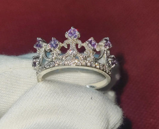 2Ct Round Cut Simulated Amethyst Crown Engagement Anniversary Ring Prong 14K White Gold Finish 925 Sterling Silver Simulated Diamond Band