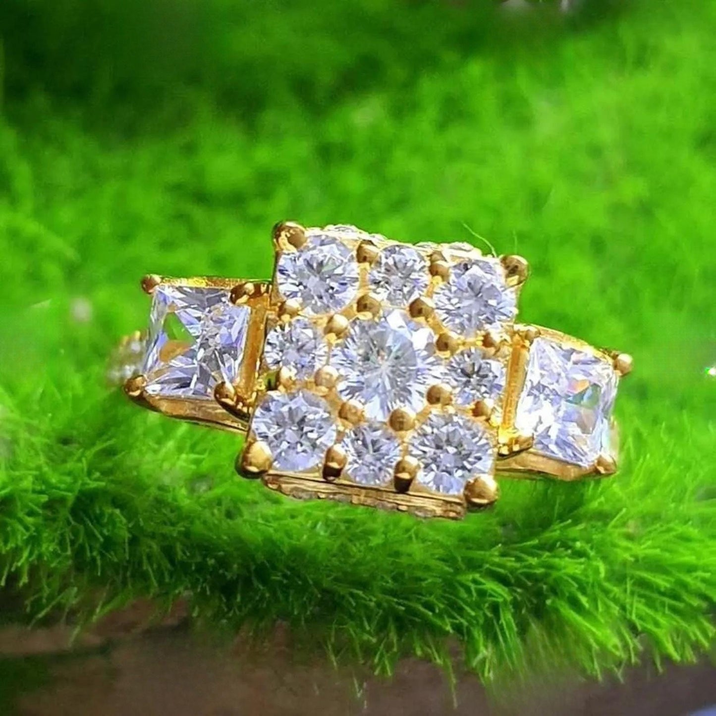 2Ct Round Cut Simulated Diamond Square Shape Engagement Wedding Ring 14K Yellow Gold Plated 925 Silver, Anniversary Ring, Gift For Birthday