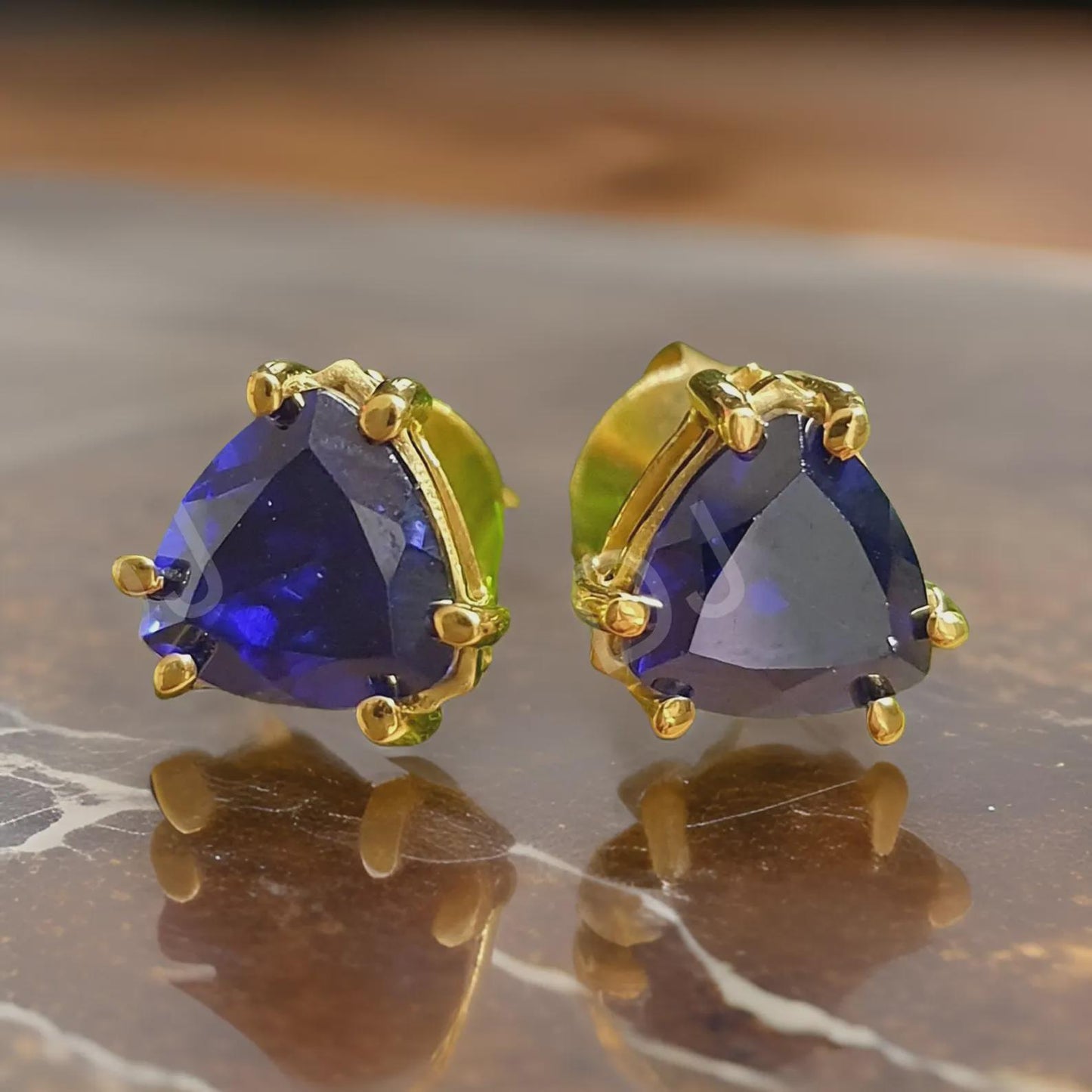 2Ct Trillion Cut Sapphire Stud Blue Sapphire Diamond 14K Yellow Gold Finish Halo Stud Earrings 925 Sterling Silver Gift For Birthday.