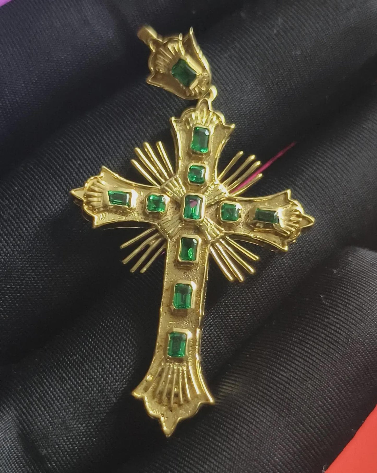 Emerald Cut Cross Pendant Simulated Green Emerald Diamond Pendant 4K Yellow Gold Plated 925 Sterling Silver, Religious Christmas Pendant