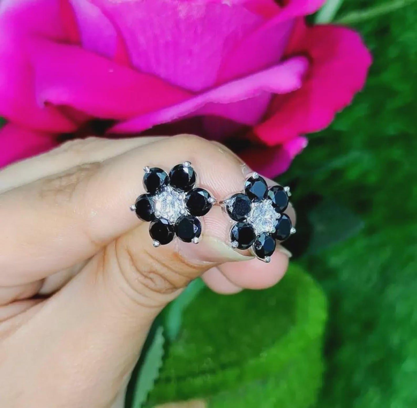 1.20Ct Round Cut Simulated Black Diamond Flower Earrings 14K White Gold Plated 925 Sterling Silver, Push back Earrings, Gift For Her