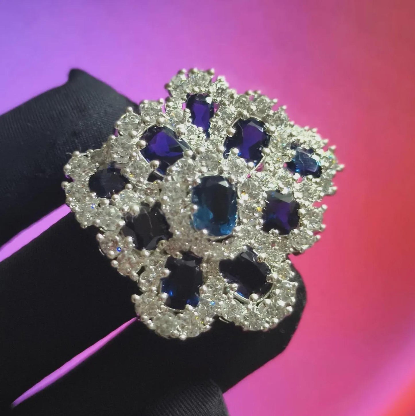 2Ct Unique Flower Brooch Pin Oval Cut Simulated Blue Sapphire Brooch Pin 14K White Gold Plated 925 Silver, Flower Brooch Pin, Birthday Gift