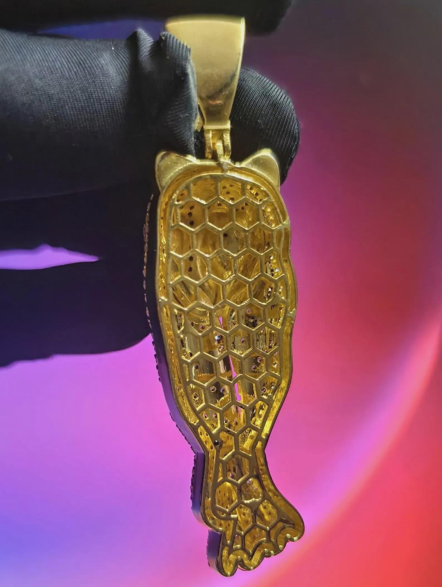 4Ct Round Cut Tiger Simulated Diamond Black Enamel Pendant Red Ruby Eye 14K Yellow Gold Plated 925 Sterling Silver, Tiger Animal Pendant